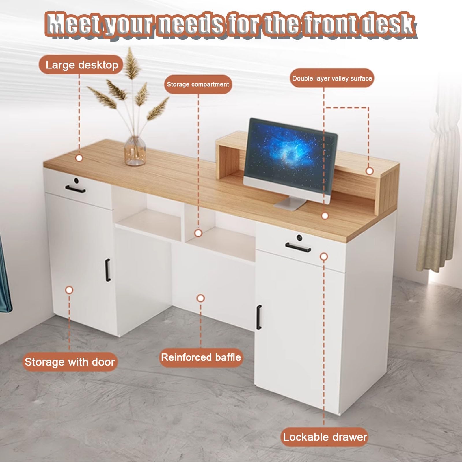 Tavolo da ufficio moderno in legno da 140 cm, per ingresso, salone di bellezza, negozio di abbigliamento, bancone di benvenuto Ele e soluzione di vendita per aziende