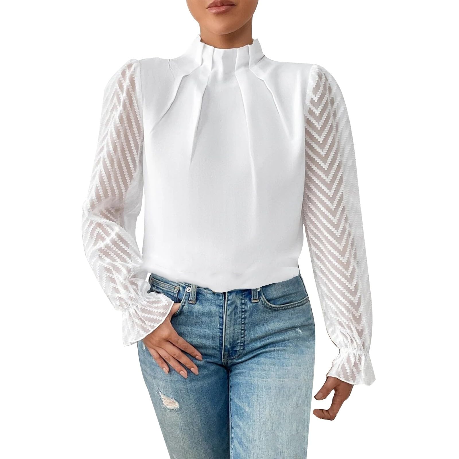 NNGOTDWomens T Shirts, Women's Solid Color Casual Autumn/Winter Semi High Neck Patchwork Wavy Chiffon Long Sleeve Top T Shirt Tunic Dress Long Sleeve Casual Going Out Tops Office Work