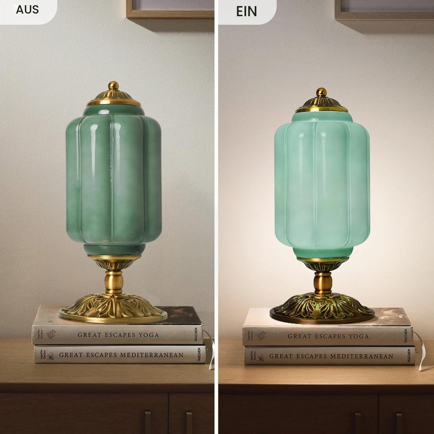 Tischlampe aus Milchglas modernes Bauernhaus Design mit Sockel in antikem Messing Finish grüne Schreibtischleuchte grünes Kürbis Design geripptes Glas Vintage Nachttischlampe Schlafzimmer