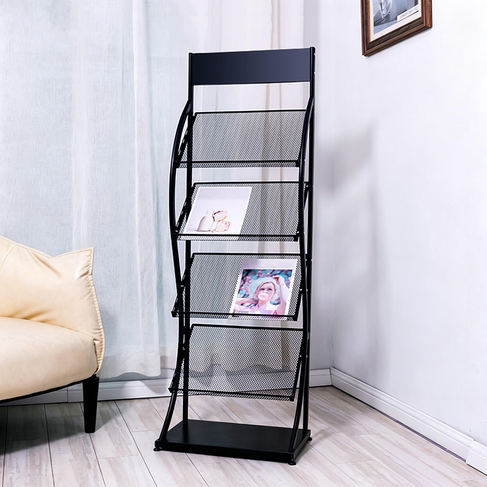 Cjwkxqol Black Floor Standing Magazine Display Rack, Metal Mesh Brochure Holder With Top Billboard For Office Lobby Exhibition Hospital(,142*50Cm/56*19.7In)