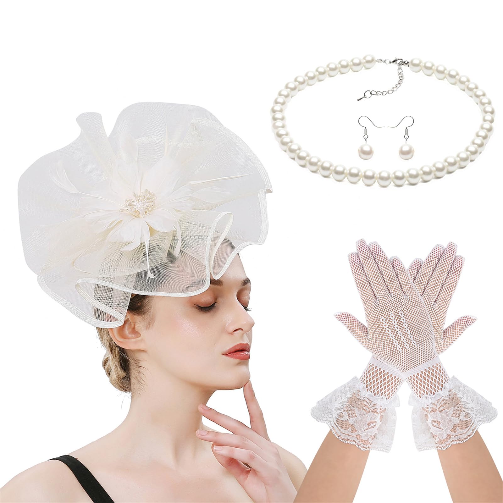 YUXITA Lace Feathered Flower Fascinator Headwear Necklace Gloves Set for Women Horse Racing Festival Headpiece Hair Accessories