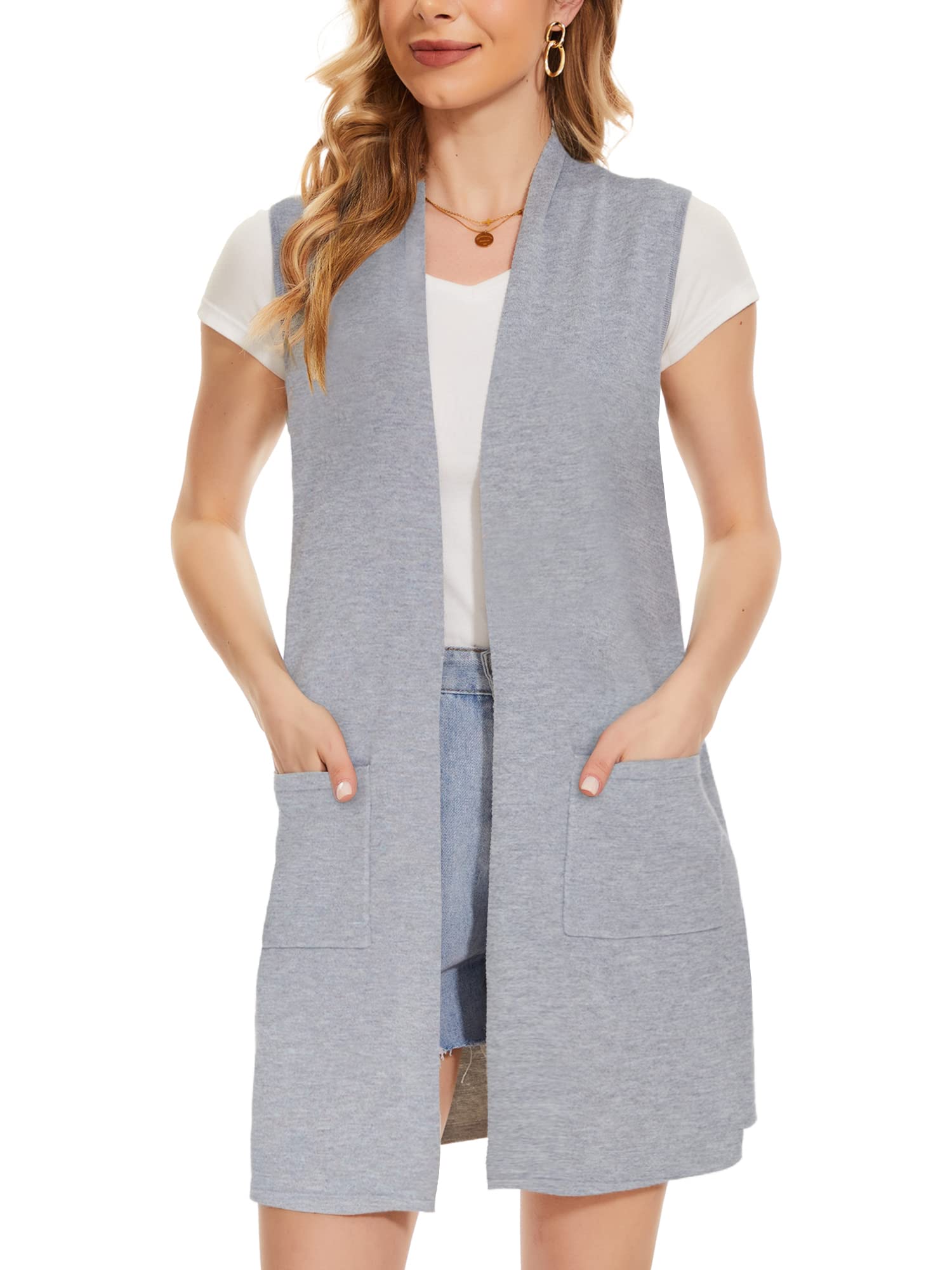 Moss Rose Women's Long Knit Cardigan Vest Casual Sleeveless Open Front Draped Duster Vest (Available in Plus Size)
