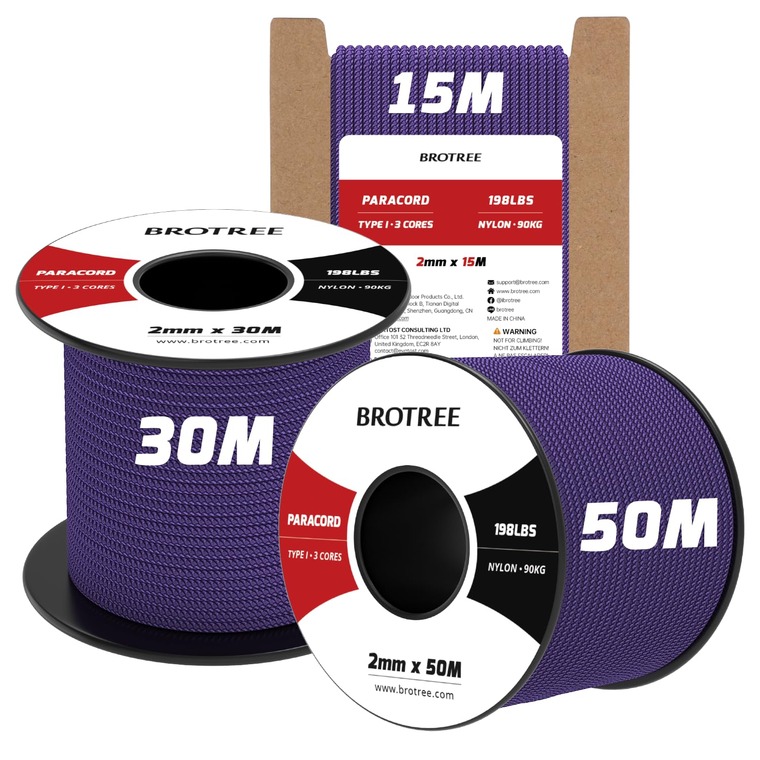 Brotree 2mm Paracord 3 Strands 15M 100% Nylon Rope Parachute Cord for Outdoor, Craft, DIY - 90kg Breaking Load (Purple) — image 1