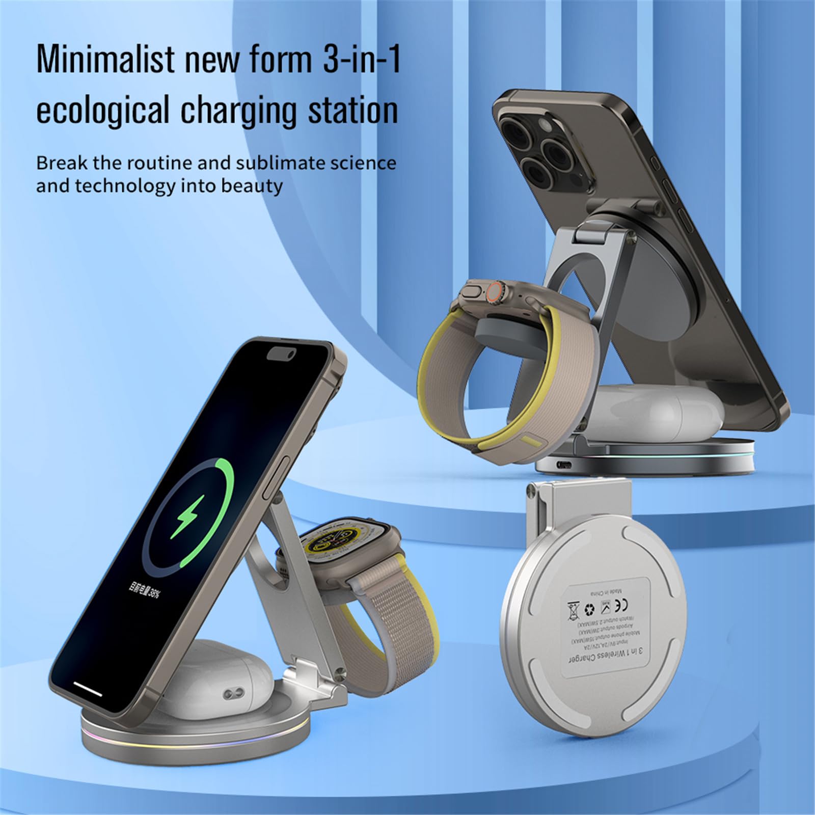 Stazione ricarica per telefono premium Illuminazione automatica Supporto per dispositivi multipli Design portatile pieghevole Supporto per telefono con base in metallo girevole a 360° con