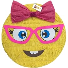 16" Yellow Emoticon Pinata Wigh Glasses And Pink Bow Smarty Pants Party Supplies Decorations