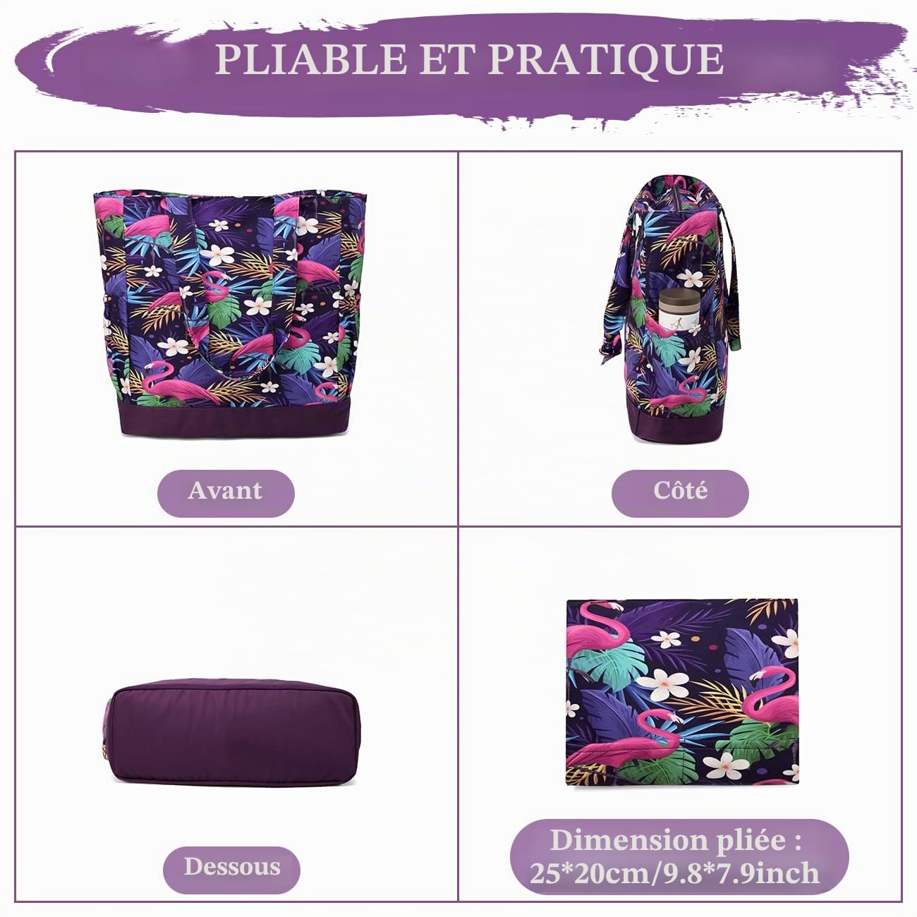 Sac de Plage Femme, VASCHY Multi-Poches Grand 17,3L Cabas Femme d'Été Pliable Léger Résistant à l'Eau Sac Fourre-tout Zippée Tote Bag pour Vacances Voyage Piscine Shopping Gym