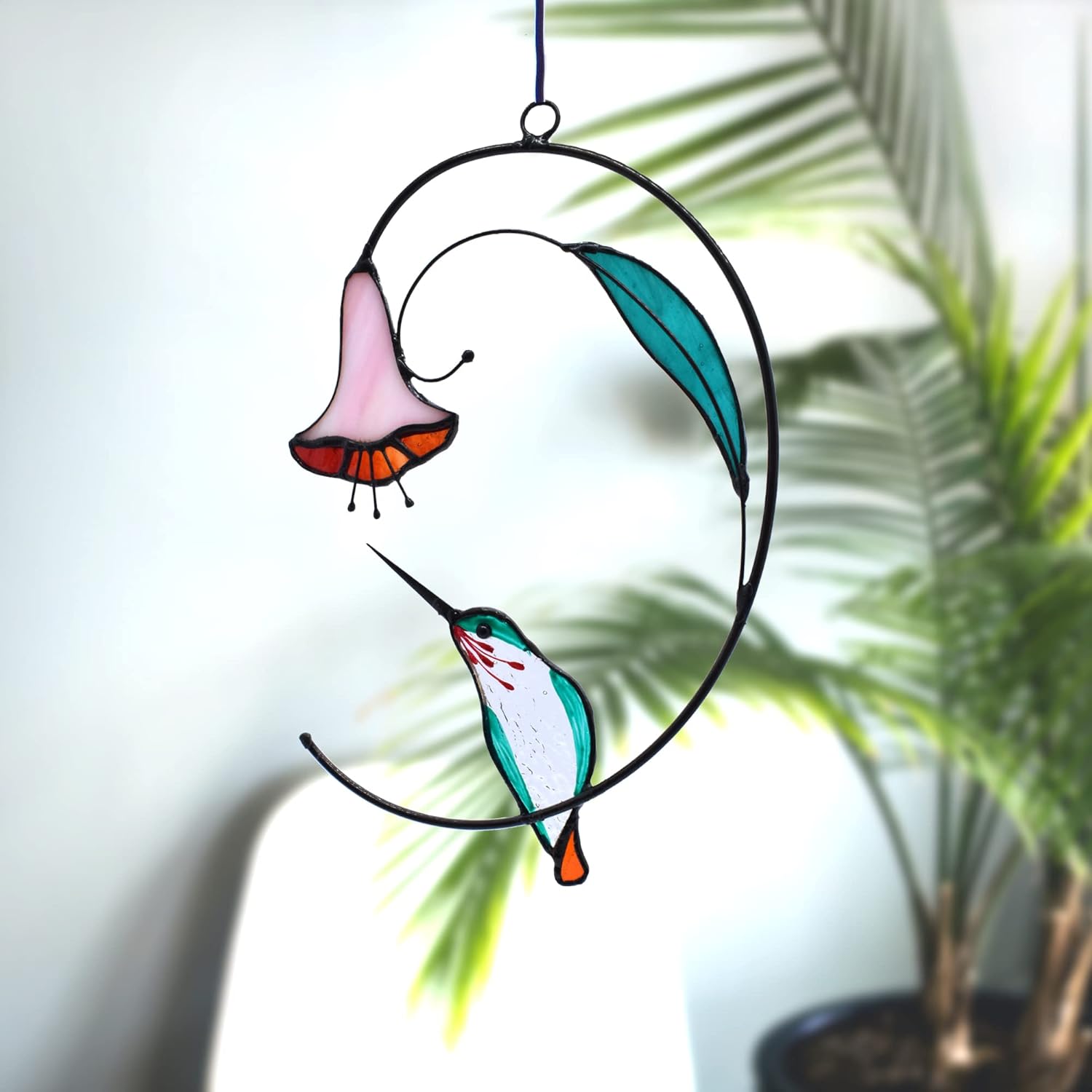 Lolitarcrafts Hummingbird with Flower Stained Glass Suncatcher Bird Stained Glass Window Hangings Hummingbird Gift for Home Decor (Green) - Image 6