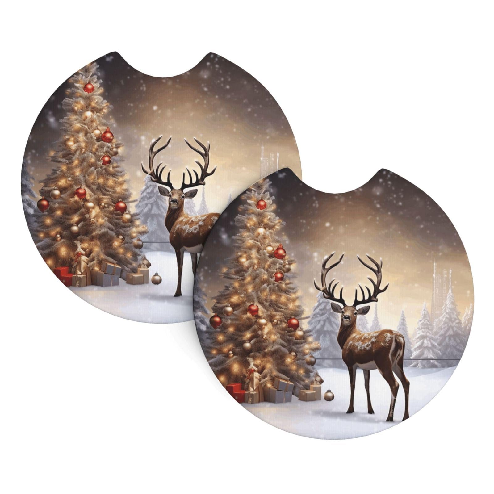 2PCS Car Coaster for Cup Holders Universal Auto Cup Mat Christmas Tree and Reindeer Cup Coaster Pad 2.7" Waterproof Neoprene Non-Slip Cup Holder Coasters Car Interior Accessories for Women Men