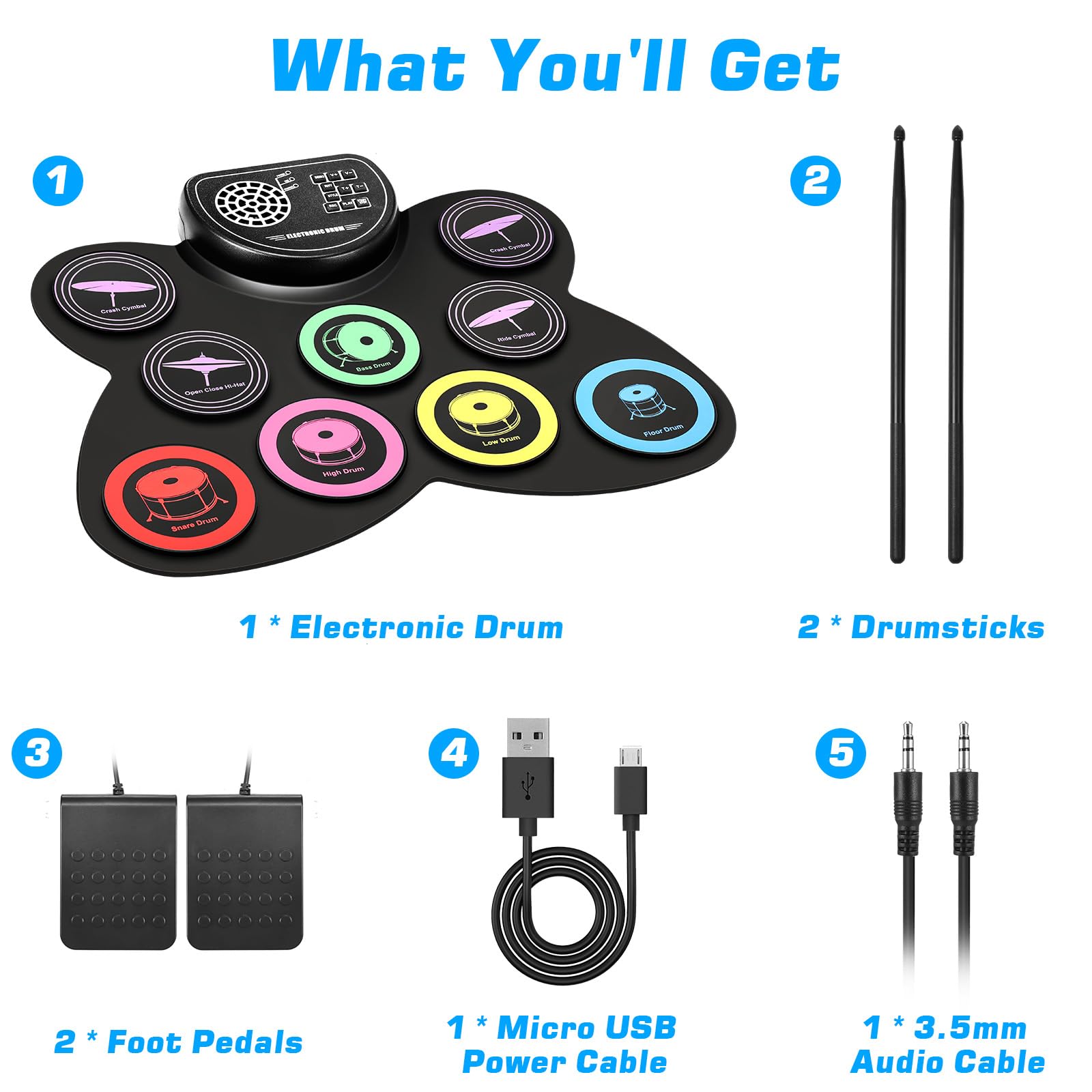 Anpro Batterie électronique avec Peau de Tambour de Couleur,Ensemble de Pratique de Batterie kit de Batterie électrique Portable,Convient aux Enfants, Adolescents, Adultes et débutants
