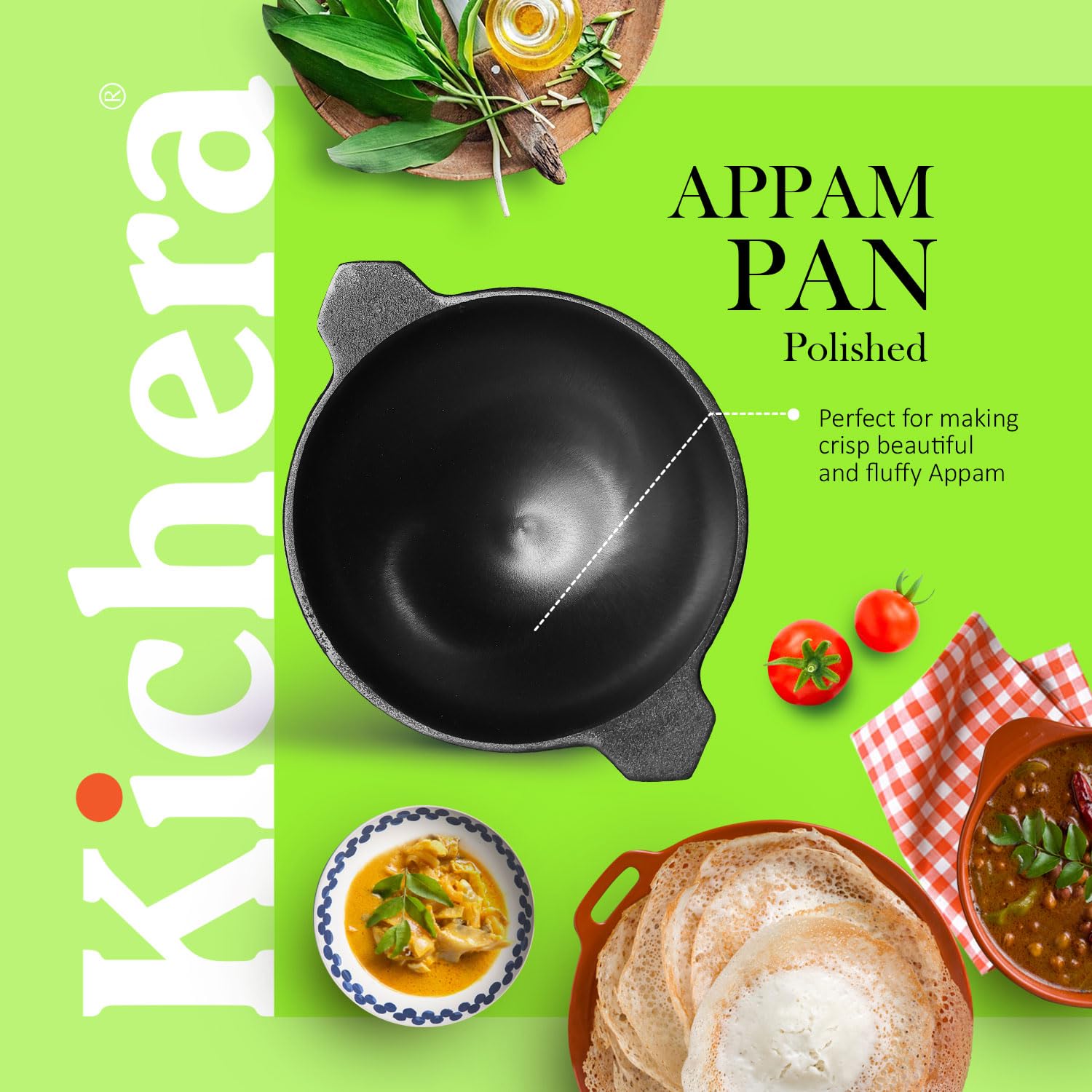 Kichera Pre-Seasoned Cast Iron Polished Appa Chatti |Appam Pan | Appam Patra | Kallu,100% Toxin-Free, Naturally Non-Stick, 8.7Inch/22Cm,1.5Kg, 1 Litre 1