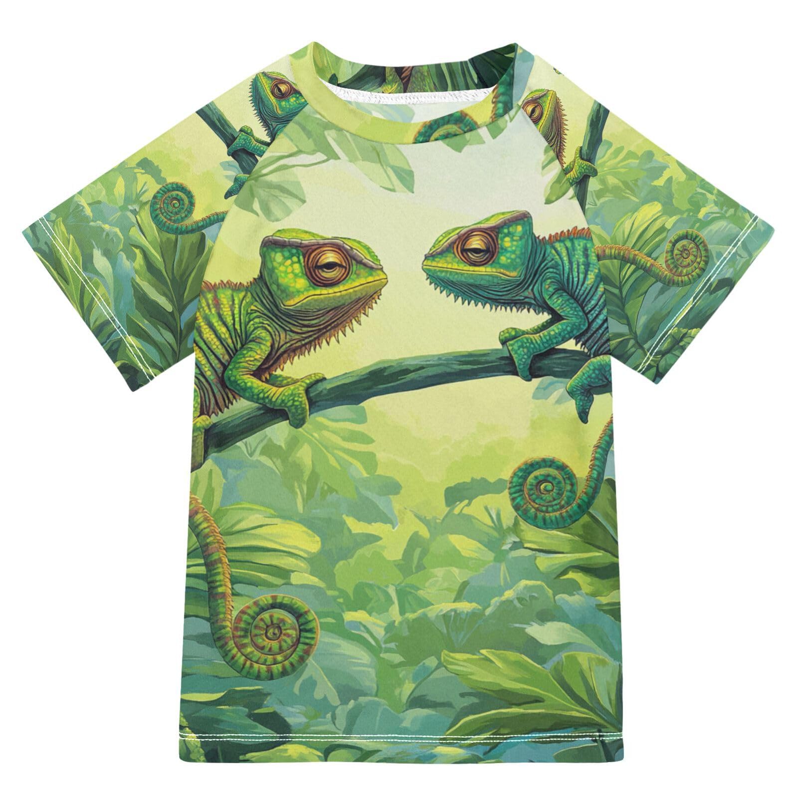 Jucciaco Boys Swing Shirts Chameleon Monstera Green Rashguard Short Sleeve Kids T-Shirts Sun UPF 50+