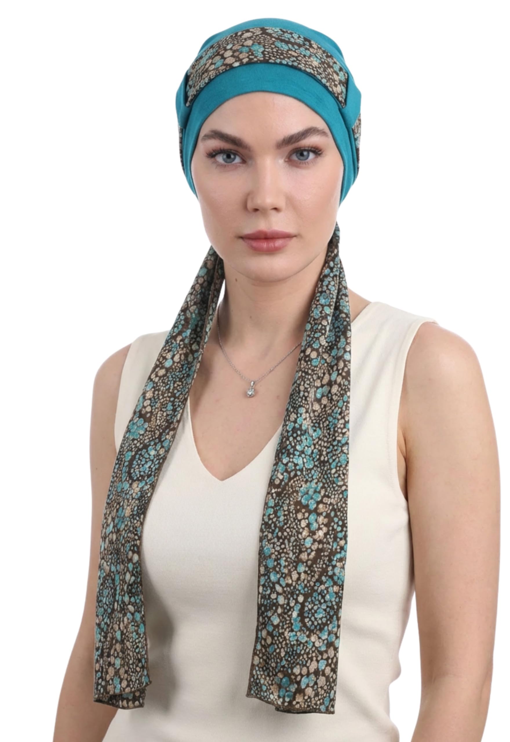 Deresina EmpowerWrap Headscarf for Women — Bamboo Cap with Scarf for Hair Loss, Breathable Chemo Headwear for Sensitive Scalps, Full Coverage, One Size (Teal Pattern 2)