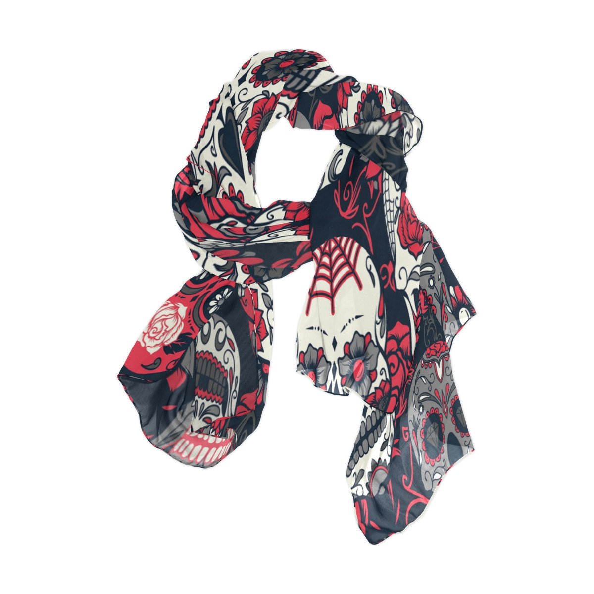 Use7 Vintage Sugar Skull Chiffon Silk Long Scarf Shawl Wrap