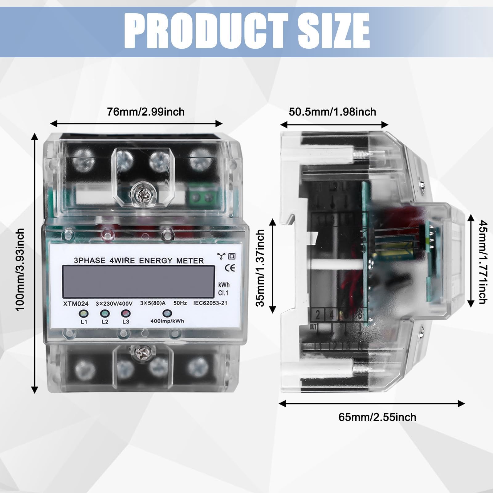 BAIFULAI 3-Phasen Stromzähler 4-Draht - Digital LCD Zähler 230/400V 5-100A Für DIN Hutschiene
