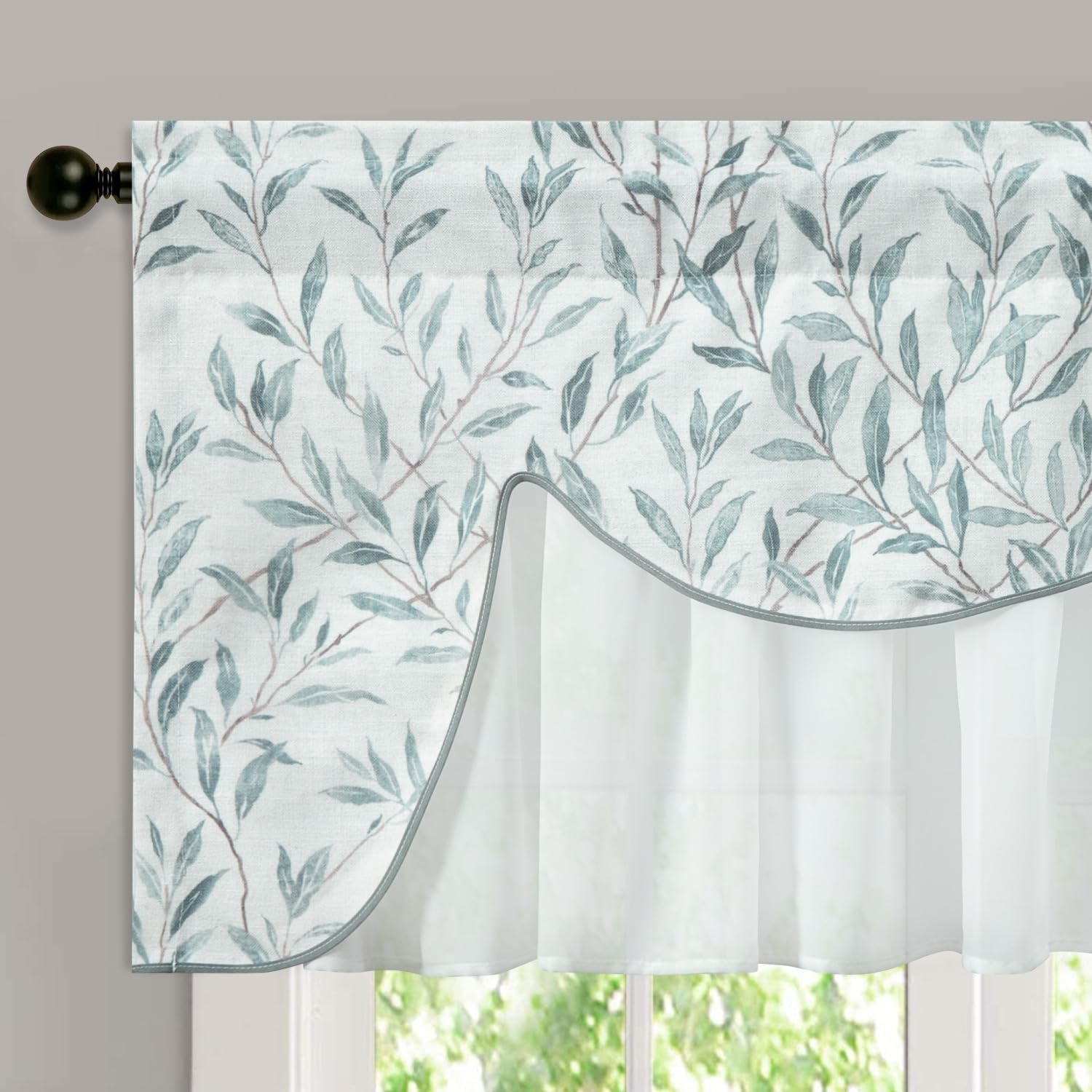 VOGOLLeaves Pattern Farmhouse Valance, Wrinkle Free Faux Linen Window Treatments for Bathroom, 1 Panel Double Layers Rod Pocket Waverly Valances, W 52 x L 18