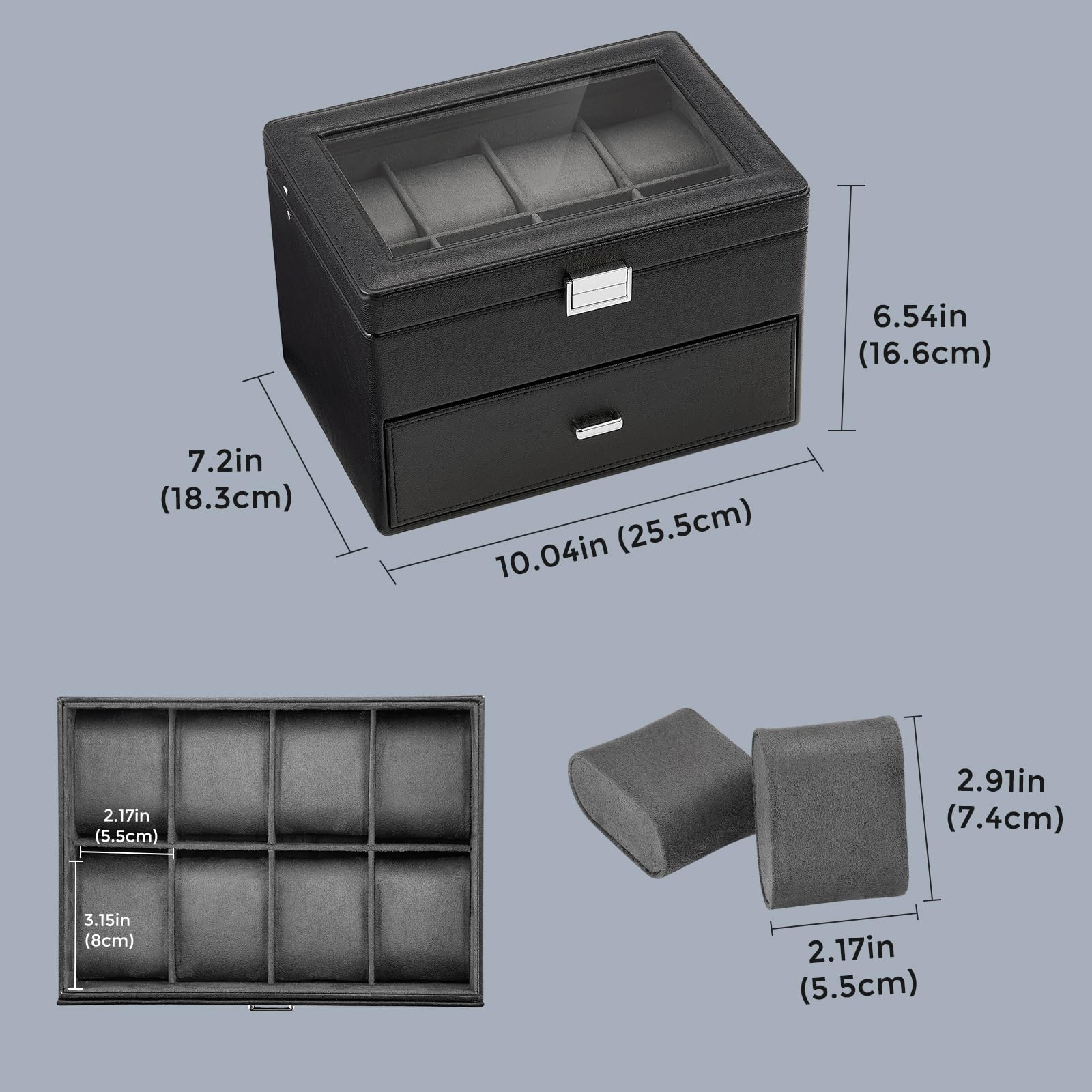Caja para Relojes para Hombre, Organizador de Joyas con cajón, Estuche de exhibición con Tapa de Cristal - Negro, 16 Ranuras