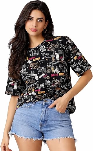 RodZen Oversized | Loose Fit | Relaxed Fit | Wide Fit Half Sleeves 100% Cotton Round Neck Printed T-Shirt for Womens/Girls