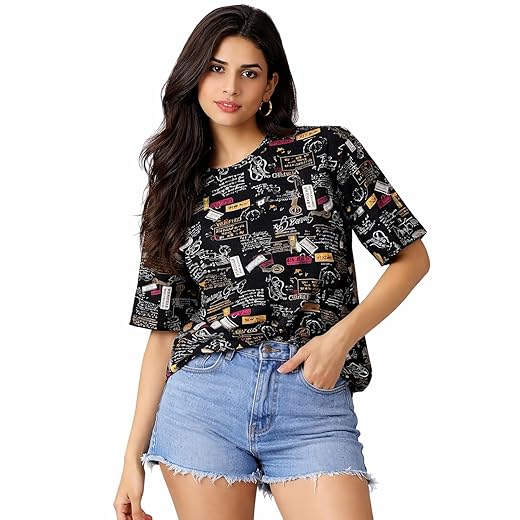 RodZen Oversized | Loose Fit | Relaxed Fit | Wide Fit Half Sleeves 100% Cotton Round Neck Printed T-Shirt for Womens/Girls