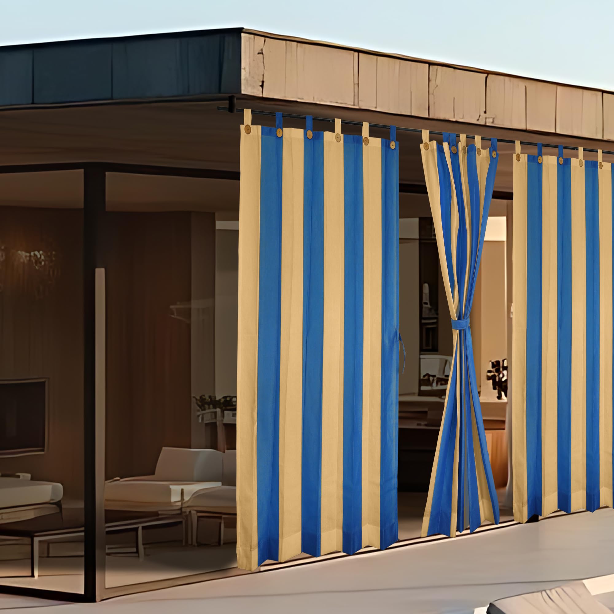 HIPPO Outdoor Stripe Design 180 GSM Sun Blocking Balcony Loop Curtain Sun & UV Protection, Light Filtering for Garden Patio (Blue-Beige, 4.5FTX9FT)
