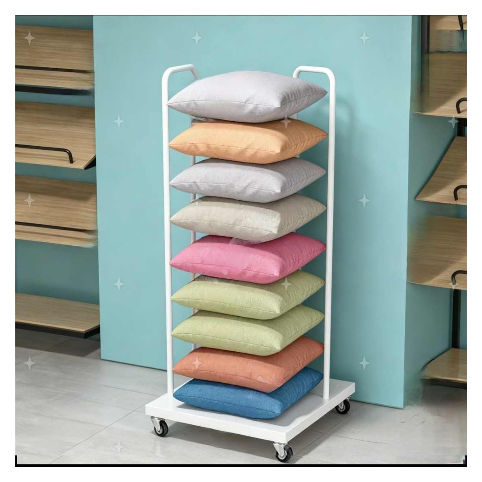 Questo scaffale Mobile per Cuscini con Ruote, con Una capacità di 30 kg, è Ideale per l'organizzazione di Cuscini Decorativi in Hotel e Locali Commerciali.