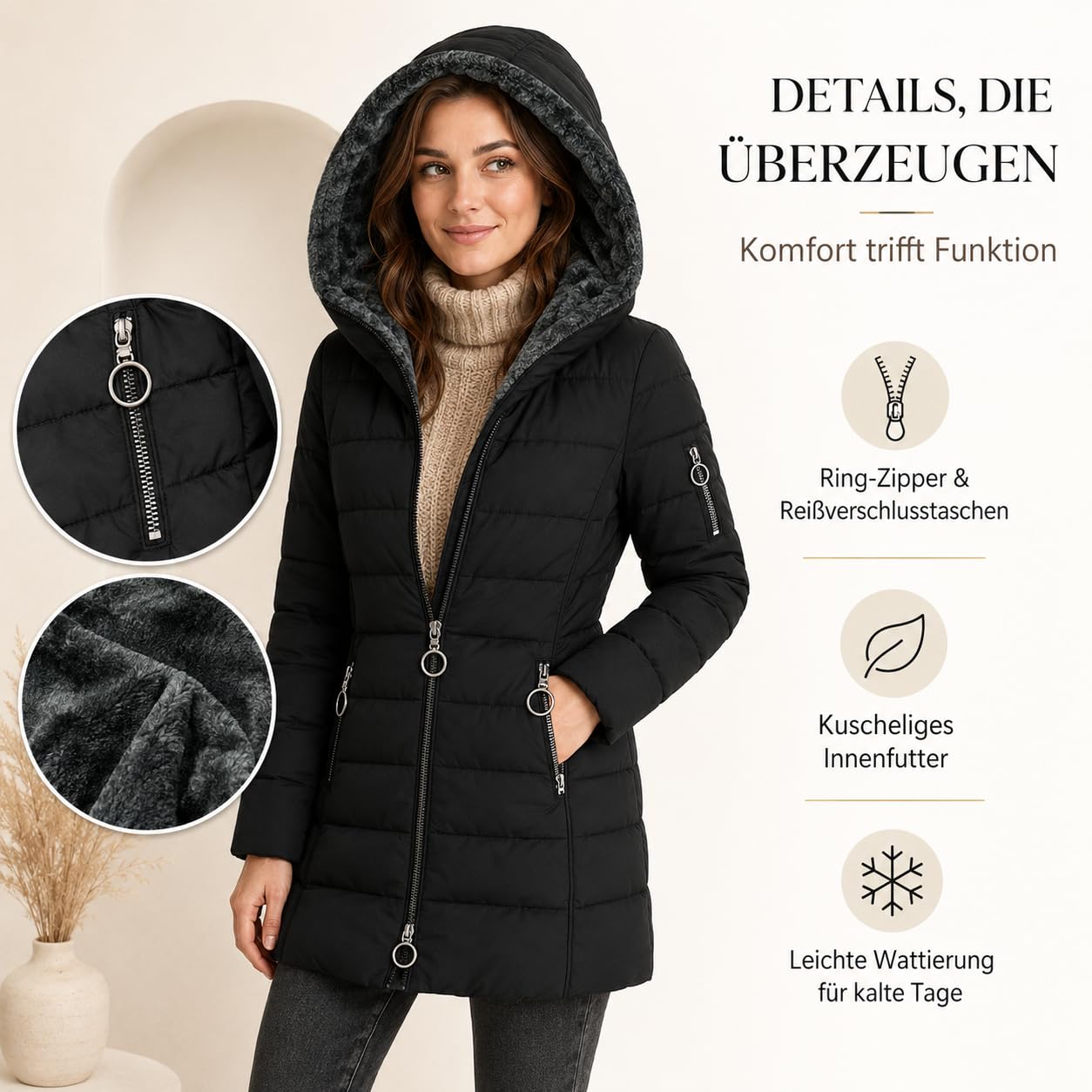 Wintermantel Damen - Lang Warmer Gefüttert Winterjacke Fleece Daunenjacke Mit Kapuze Winddicht Outdoorjacke Große Größen Damenmantel Winter Mantel Bequeme Parkajacke Kapuzenjacke, S-5XL