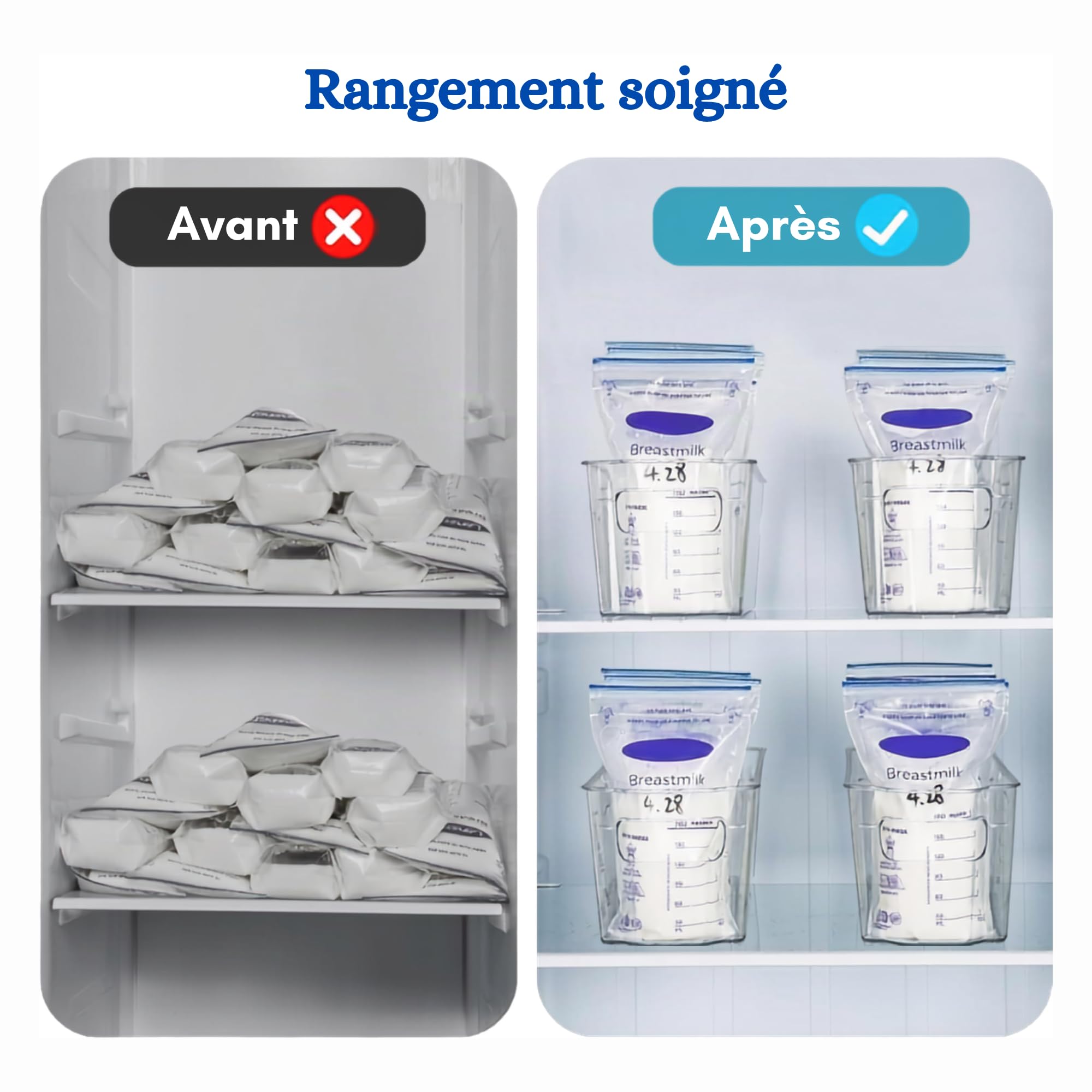 Organiseur Sachets Lait Maternel – Lot de 4 Bacs Rangement Réfrigérateur Congélateur – Stockage Conservation Lait Maternel – Rotation FIFO – Plastique Transparent Sans BPA – Compatible Tire-Lait