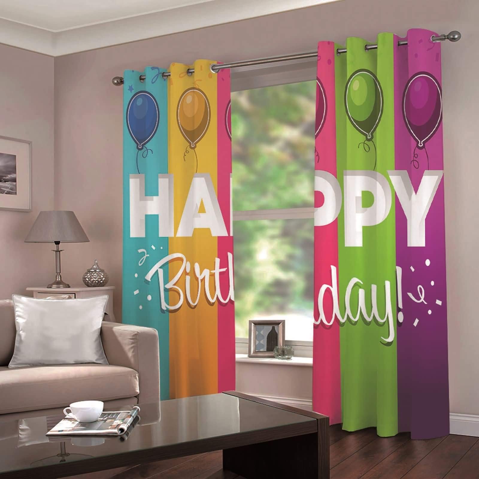 Zasłony zaciemniające do sypialni zestaw 2 szt. balony Happy Birthday, nieprzezroczyste zasłony zaciemniające długie oczka 214 x 138 cm