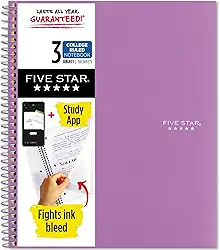 Five Star Caderno espiral + aplicativo de estudo, 3 matérias, papel pautado para faculdade, 28 cm x 21 cm, 150 folhas, roxo ametista, 1 unidade (38746)