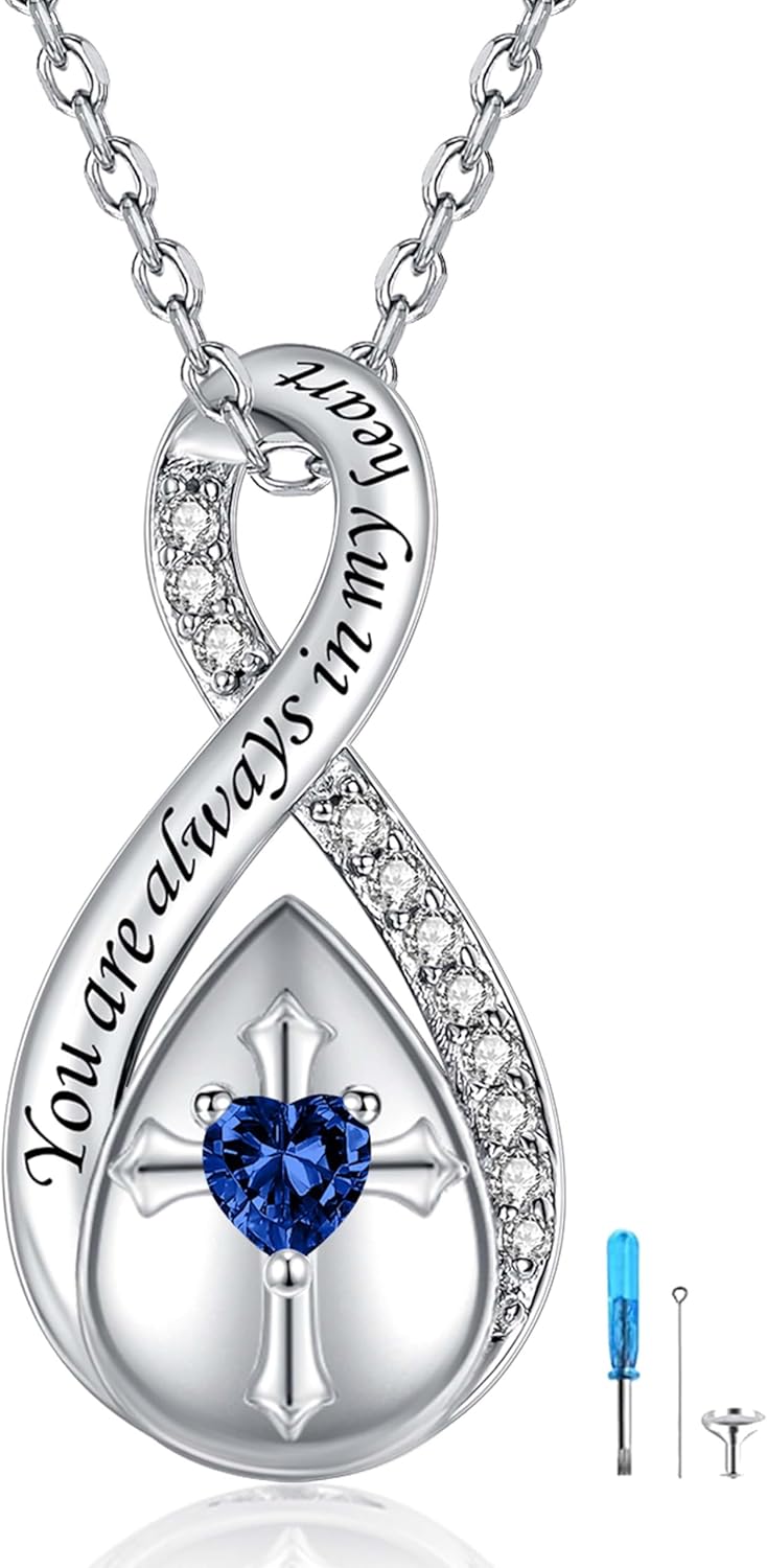 ZOEXUE Infinity Cross Cremation Jewelry - S925 Sterling Silver Cross Urn Necklace for Women - Birthstone Cross with Heart CZ Ashes Keepsake Pendant Memorial Urn Jewelry Gift for A Loss Loved Ones