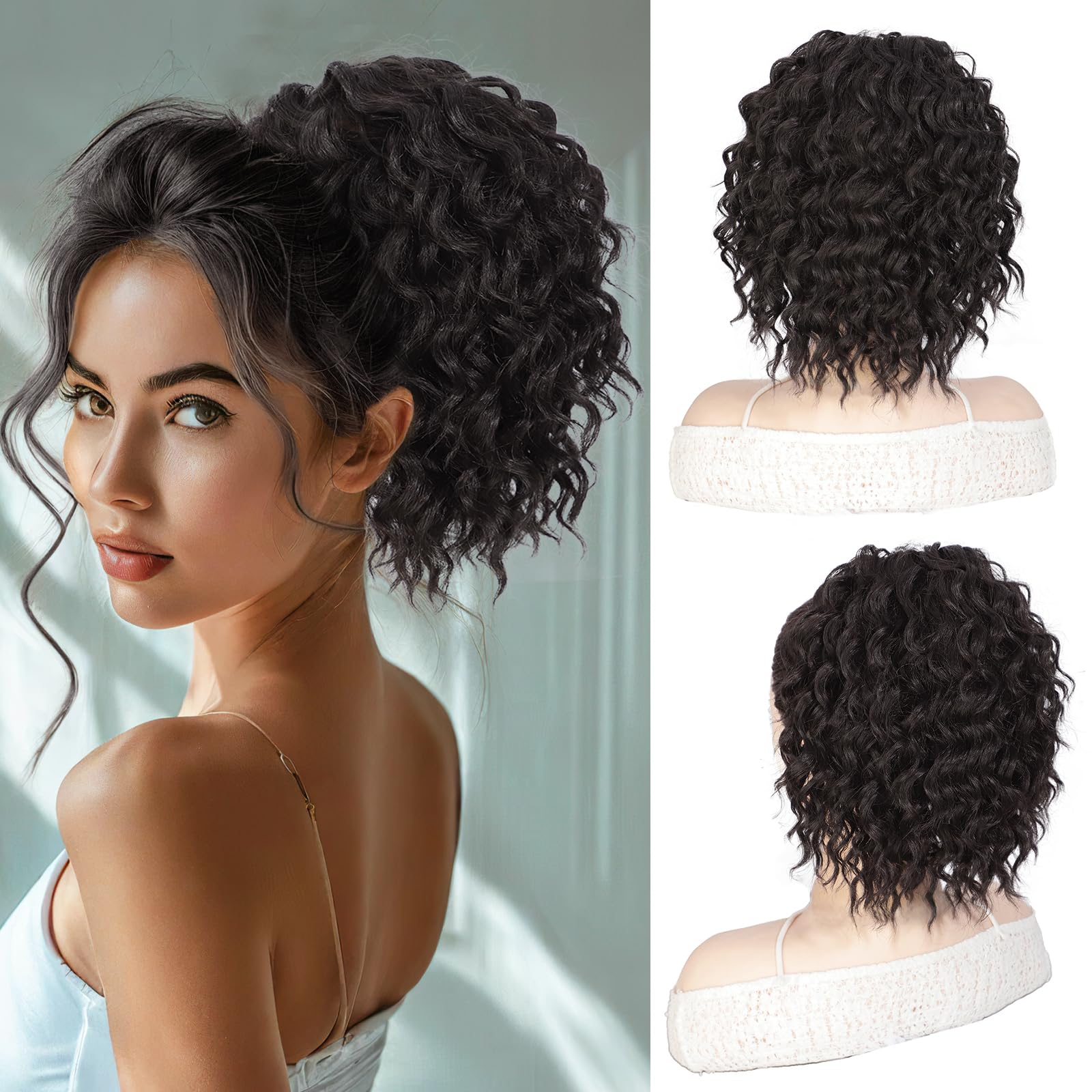 QGZ Curly Ponytail Extension,Drawstring Ponytail for Black Women 10 Inch Synthetic Short Hair Two Styles in One Versatile Pony Tails(Black Brown)