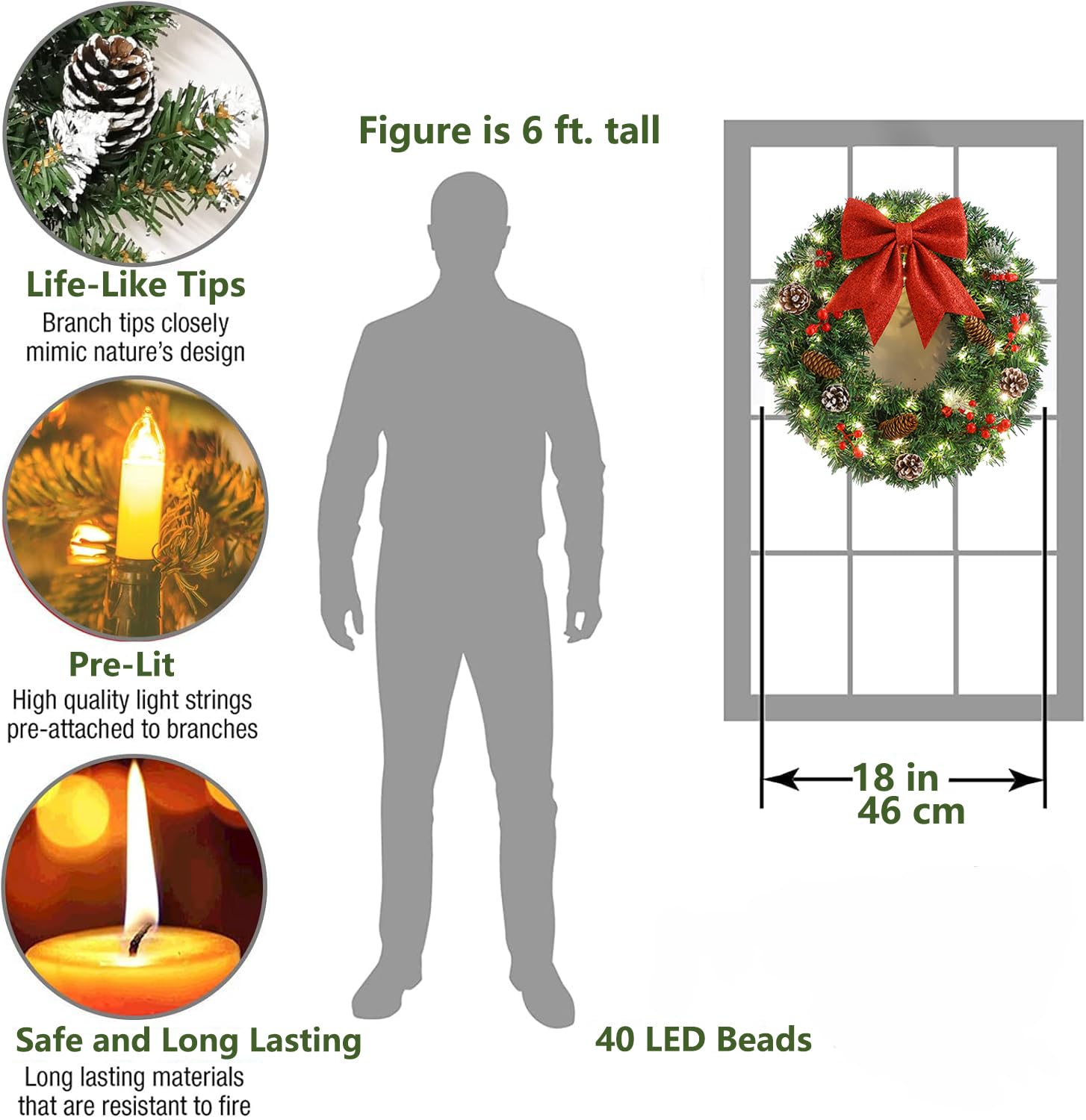 Corona de Navidad artificial preiluminada, guirnalda de Navidad artificial de 45 cm para puerta delantera con lazo rojo, piñas de pino, bayas rojas, 40 luces LED para decoración de Navidad en