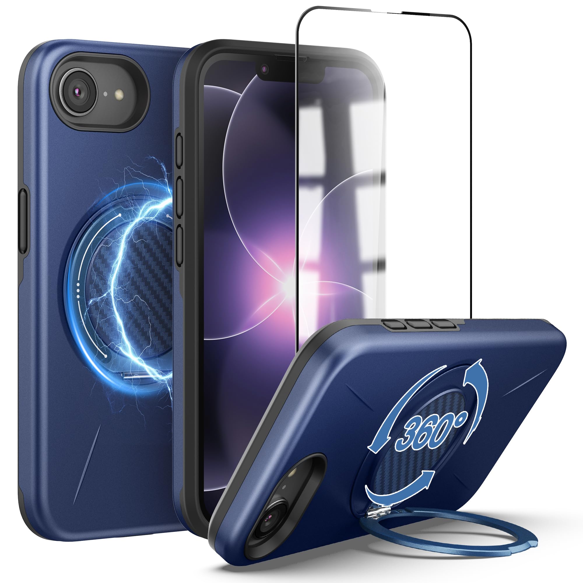 Magnetische Schutzhülle für iPhone 17e mit Ständer, kompatibel mit MagSafe,[Schutz in Militärqualität], Kohlefaser-Design, TPU, PC, stoßfeste Schutzhülle mit Displayschutzfolie für Männer frauen