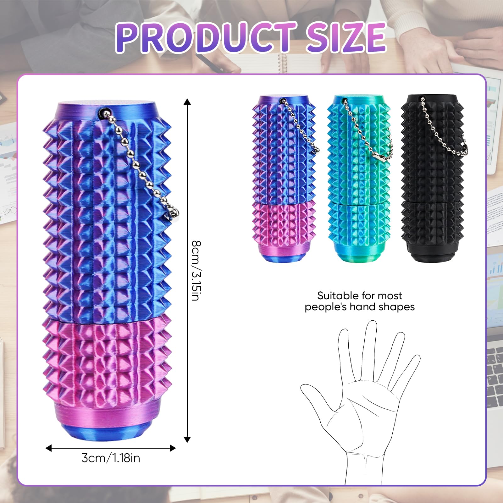 3PCS Spiky Grippie Stim Keychains With Clicker Button & Spinner Stim Fidget Keyring Silent Spiky Fidget Toy for Adults Relax & Focus Novelty Gifts for Work and Study - Image 2