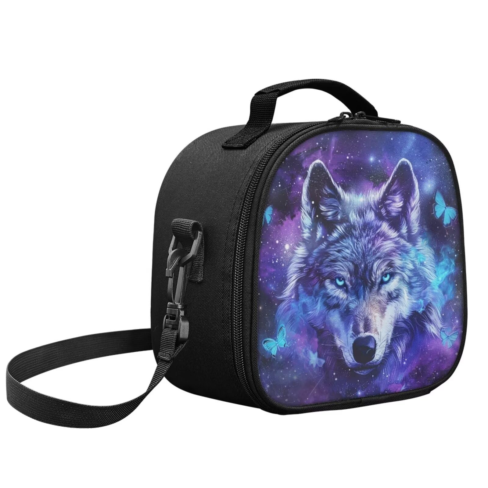 Babrukda Galaxy Butterfly Wolf Kids Lunch Box Containers for School Kids Lunch Bag with Detachable Shoulder Strap Support Customization Lunch Bag for Girls