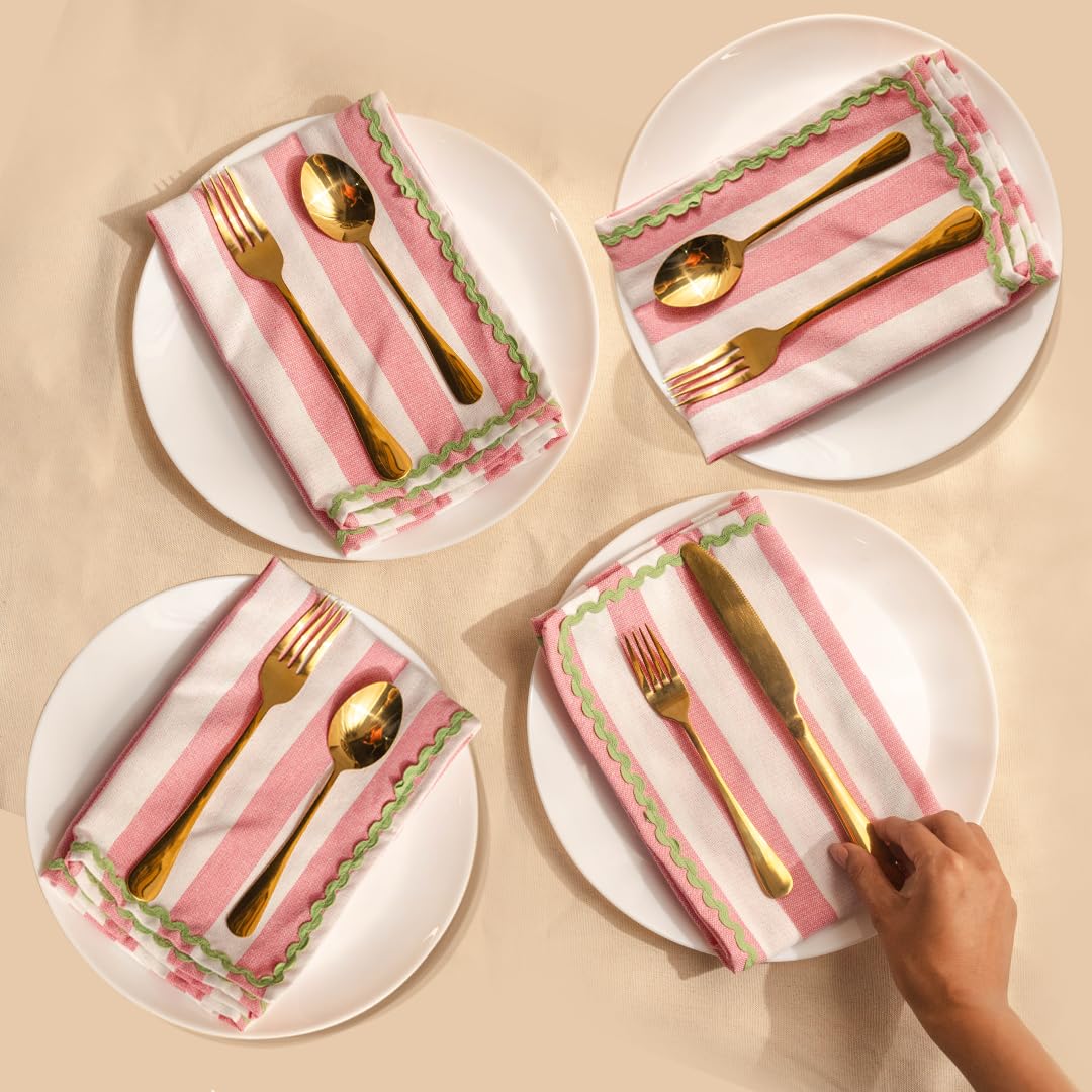 Folkulture Cloth Napkins | (18" x 18") Pink Napkins Set of 4 for Dining Table | Stripe Pink & Green Dinner Napkin or Rick Rack Napkins for Kitchen | Reusable Linen or Table Linens Washable