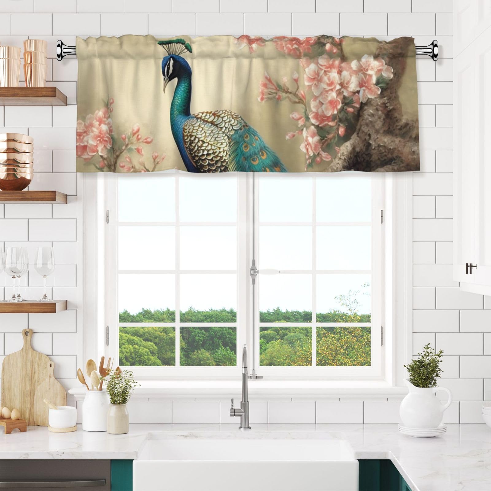 NONHAI Oriental Peacock Valances for Windows Short Curtains Rod Pocket Cafe Window Treatments Valance Curtains for Kitchen Bathroom Laundry Basement Windows 54x18inch Blackout Window Valance