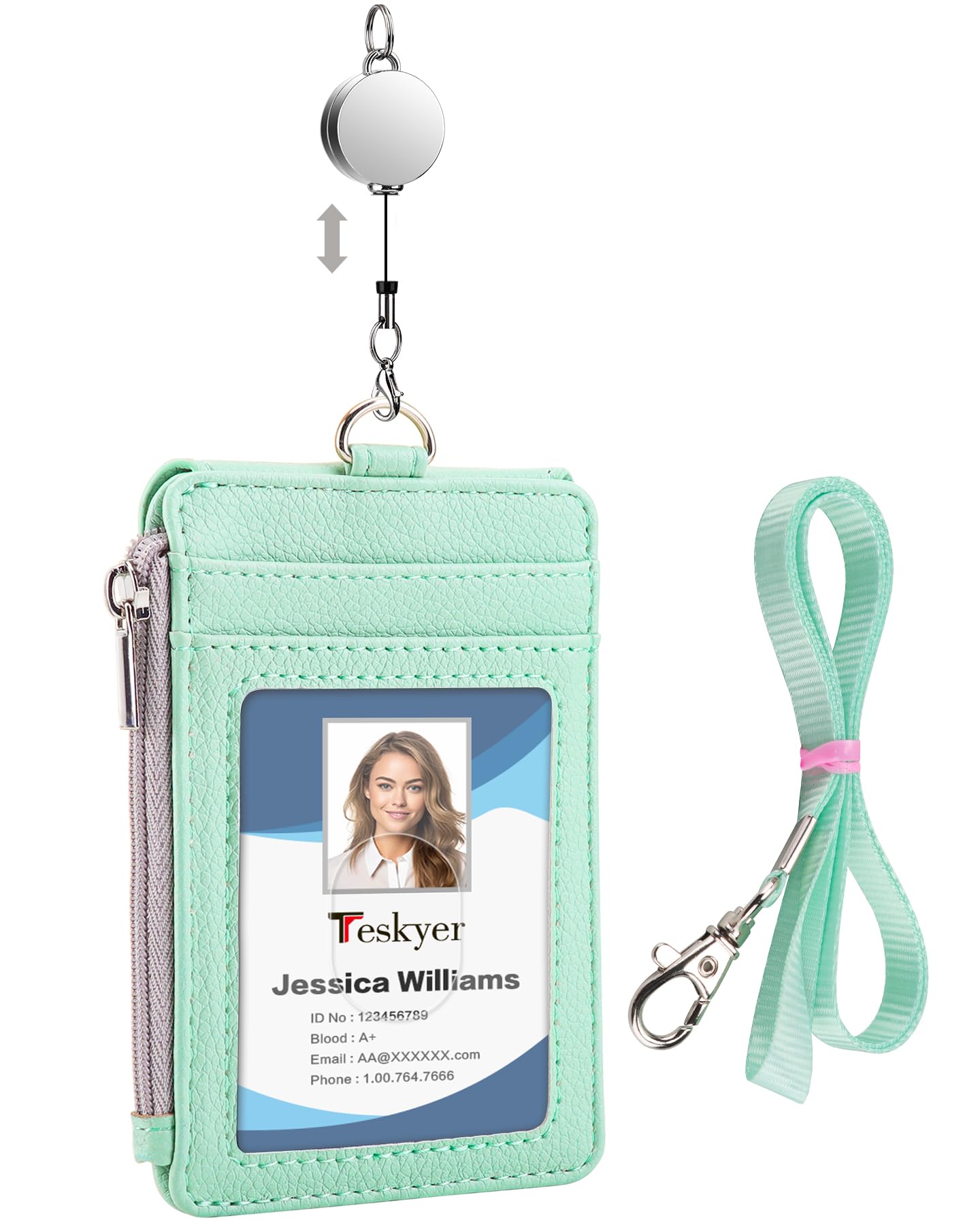 Teskyer Faux Leather ID Badge Holder - Retractable Lanyard with 4 Card Slots & Zip Pocket, Oyster/Bus Pass Storage, Vertical Design (Aqua Green)