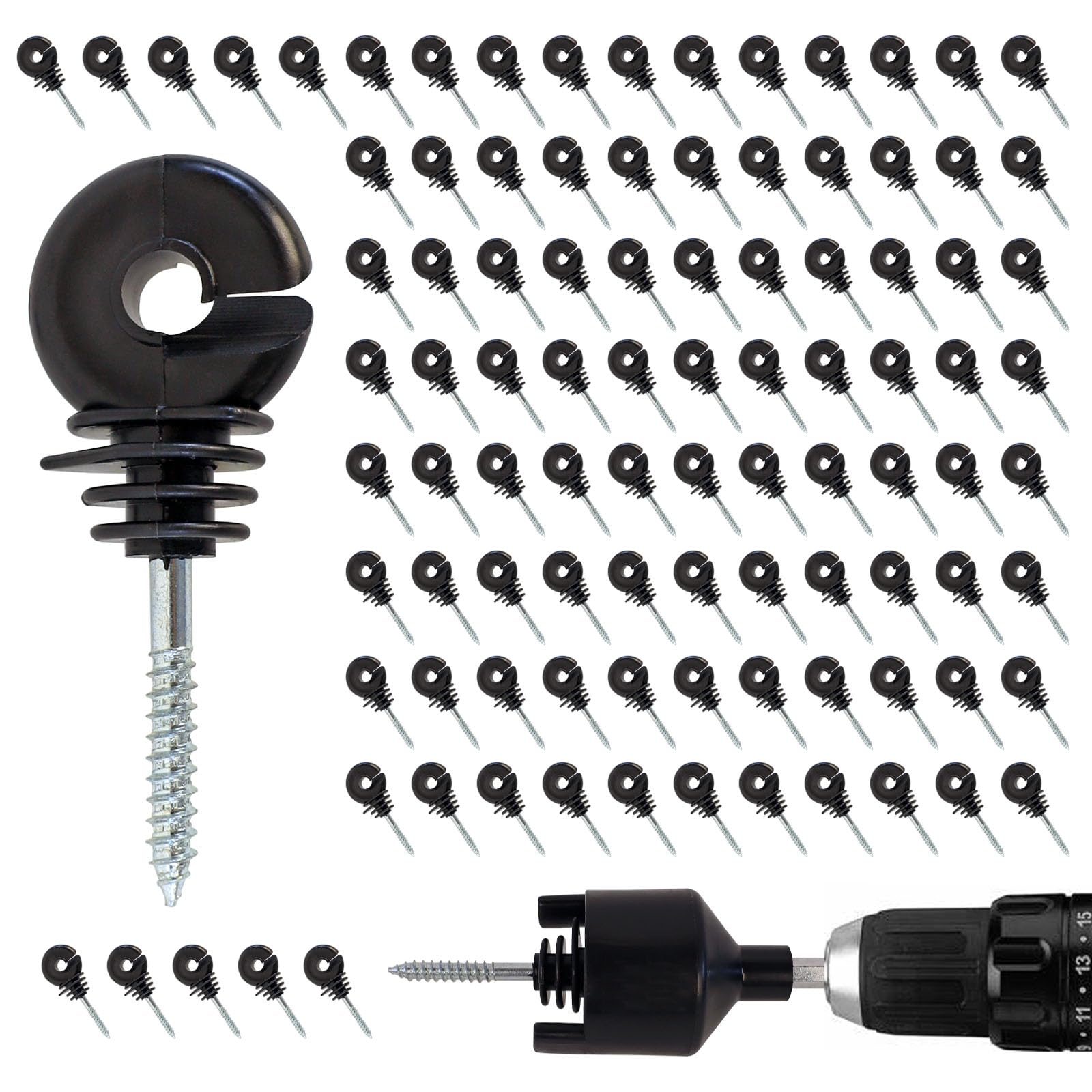 100 pcs Electric Fence Insulator, Black Self-Tapping Insulator, Fence Ring Post Screw-in Wood Post Insulator, with 1 pc Insulator Socket Tool (Fit for Electric Drill)