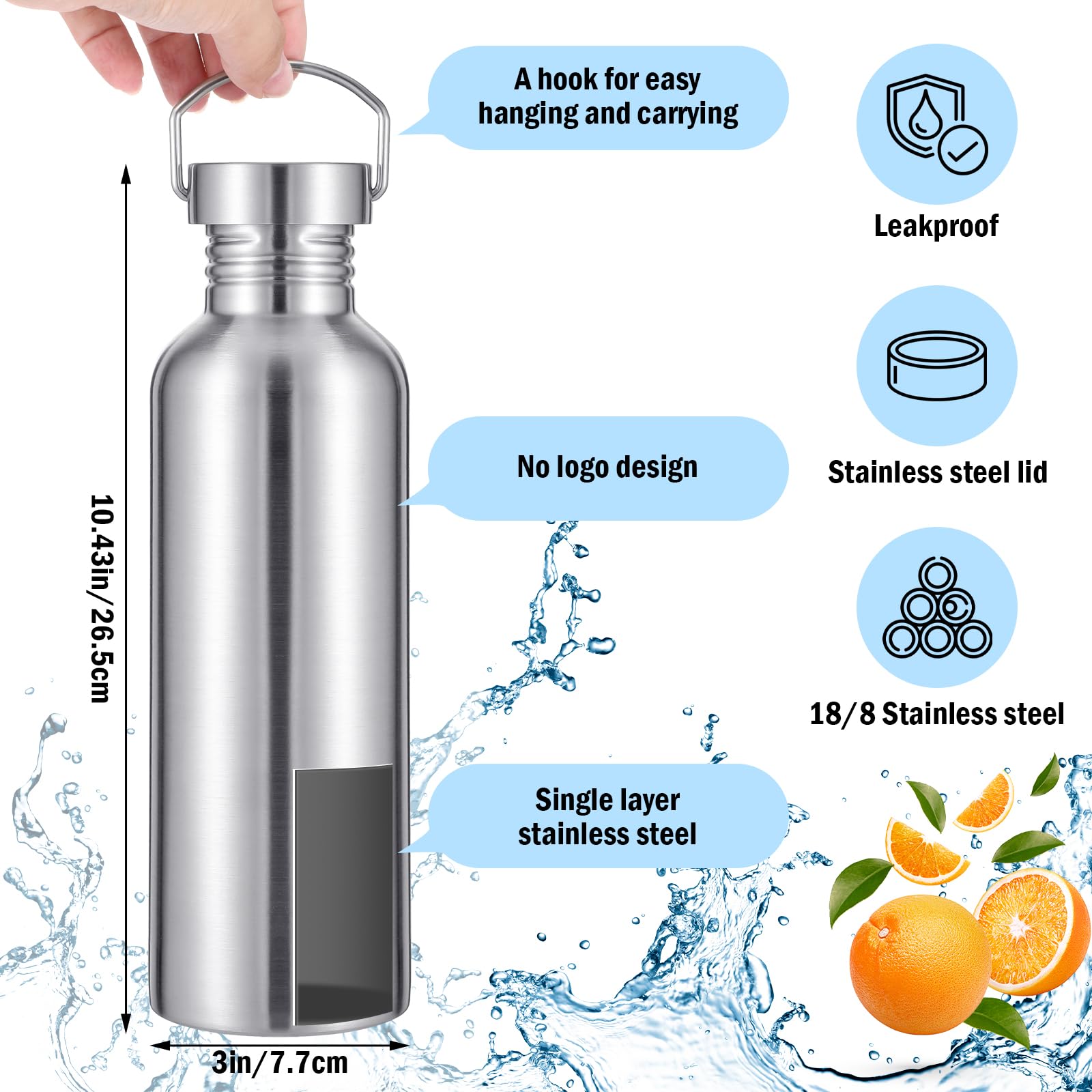 Lemecima 4 Stück unisolierte einwandige Edelstahl-Sportwasserflasche, 304 18/8 Edelstahl, Camping-Wasserflasche für Radfahrer, Läufer, Wanderer, 1000 ml