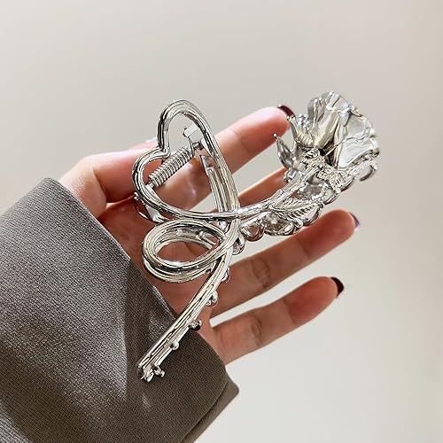 Miniatura 3 de Pinzas para el cabello con diseño de flores, pinzas de metal plateadas y rosas, pinzas grandes en forma de corazón, antideslizantes, accesorios para