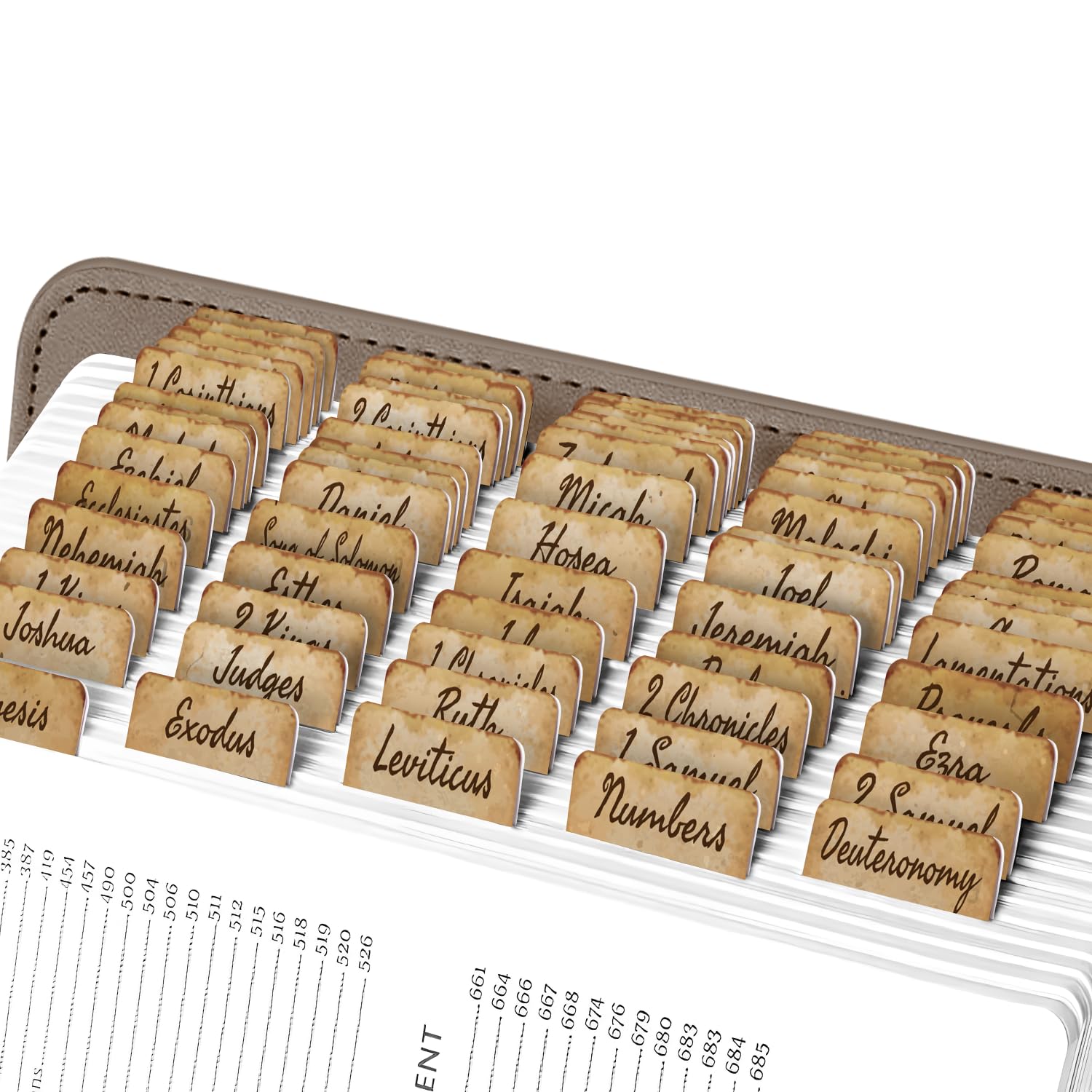 EssexWares - Parchment Paper Look Bible Tabs for Old and New Testament, 80 Large Print Tabs for Bible Study, Water-Resistant and Durable Index Tabs