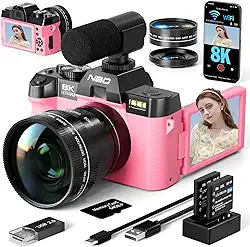 Câmeras digitais 8K para fotografia 64MP - foco automático com zoom de 16X, WiFi, tela flip de 180° com lente grande-angular e macro, câmera vlogging para viagens no YouTube com cartão TF de 64 GB, 2