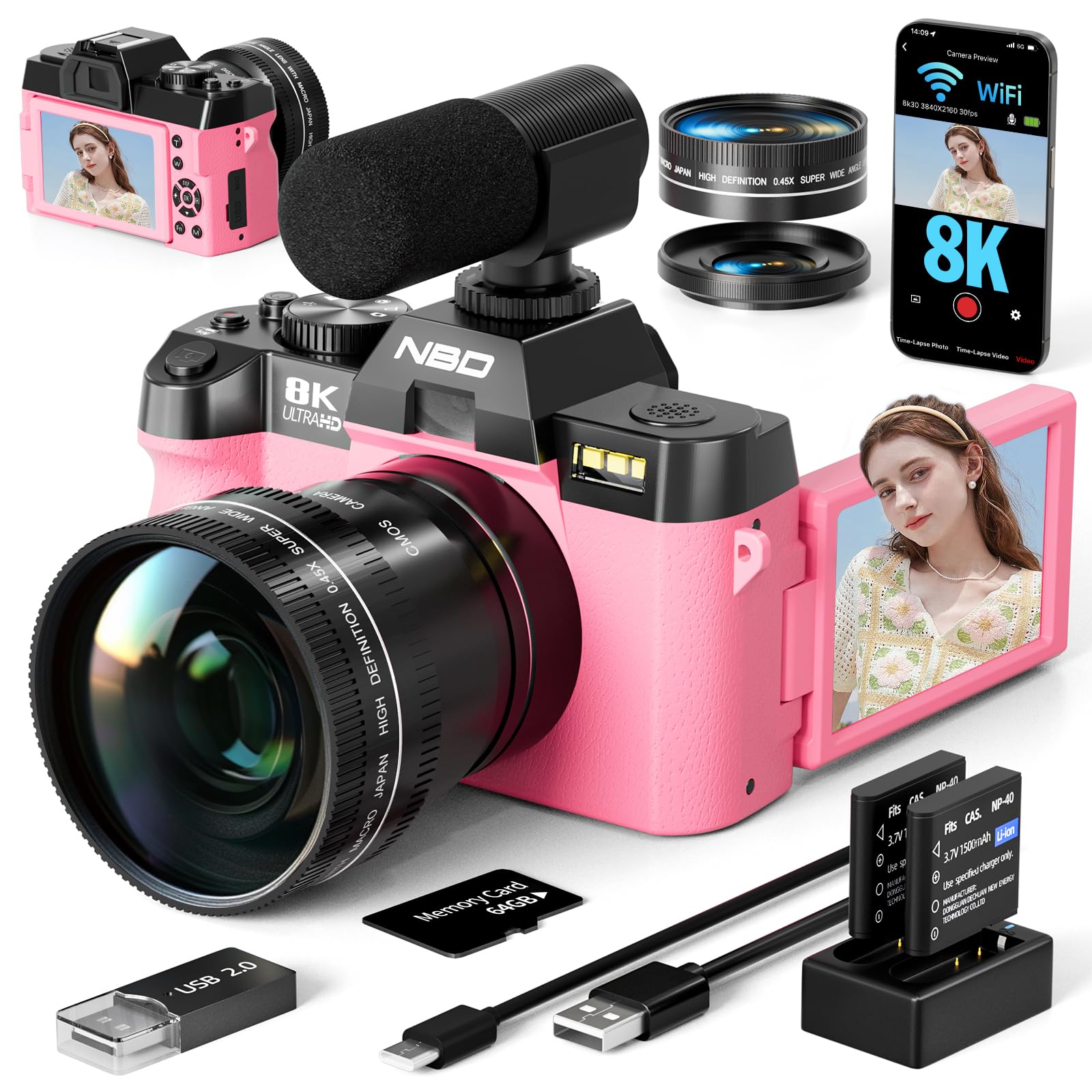 True 8K 64MP Digital Cameras for Photography(Pink)