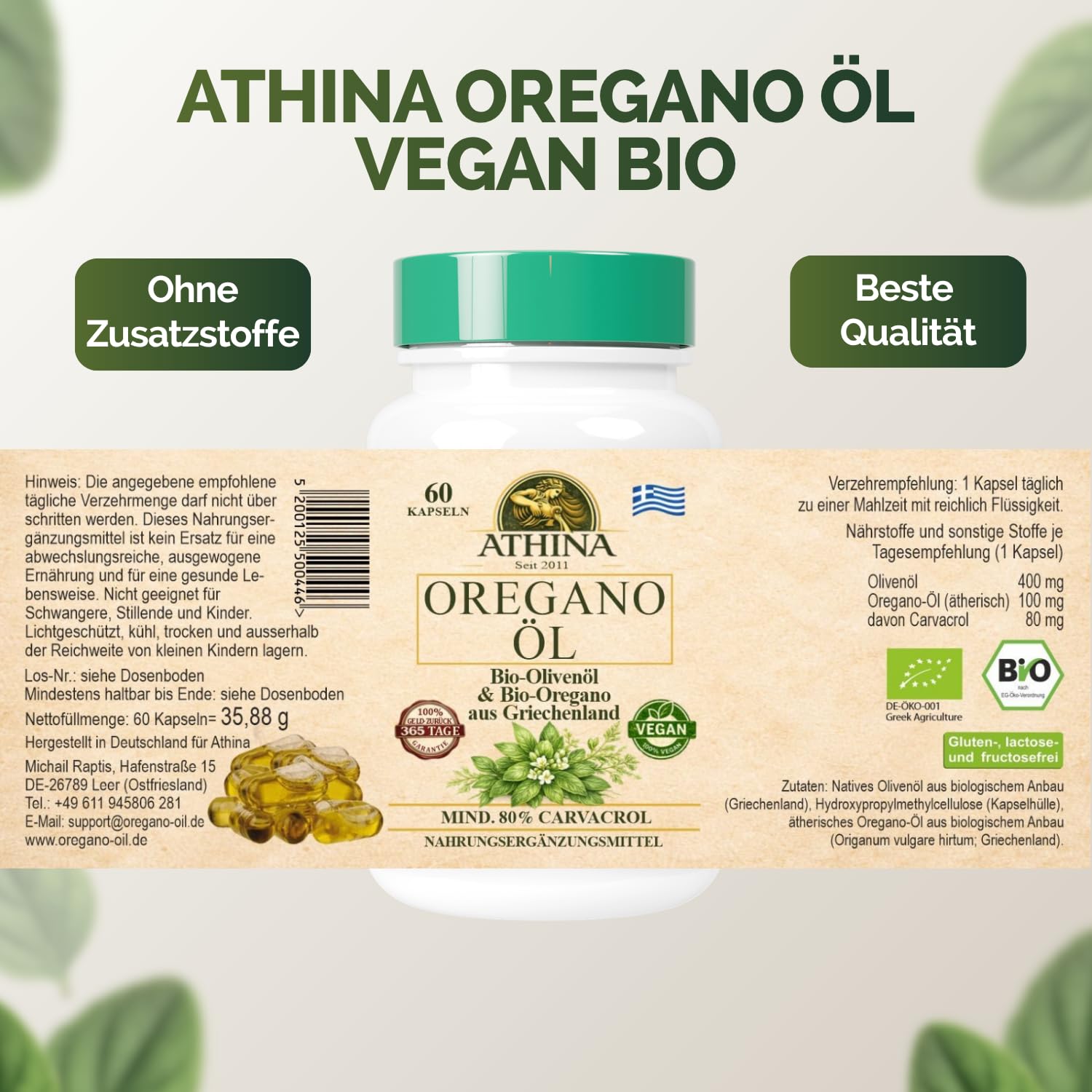 Athina® Oregano Öl Vegan Bio 1 x 60 Kapseln I 100 mg Athina® Wildes Berg Oregano Öl I Origanum vulgare hirtum aus Griechenland I 80% Carvacrol I Reine & natürliche Zutaten