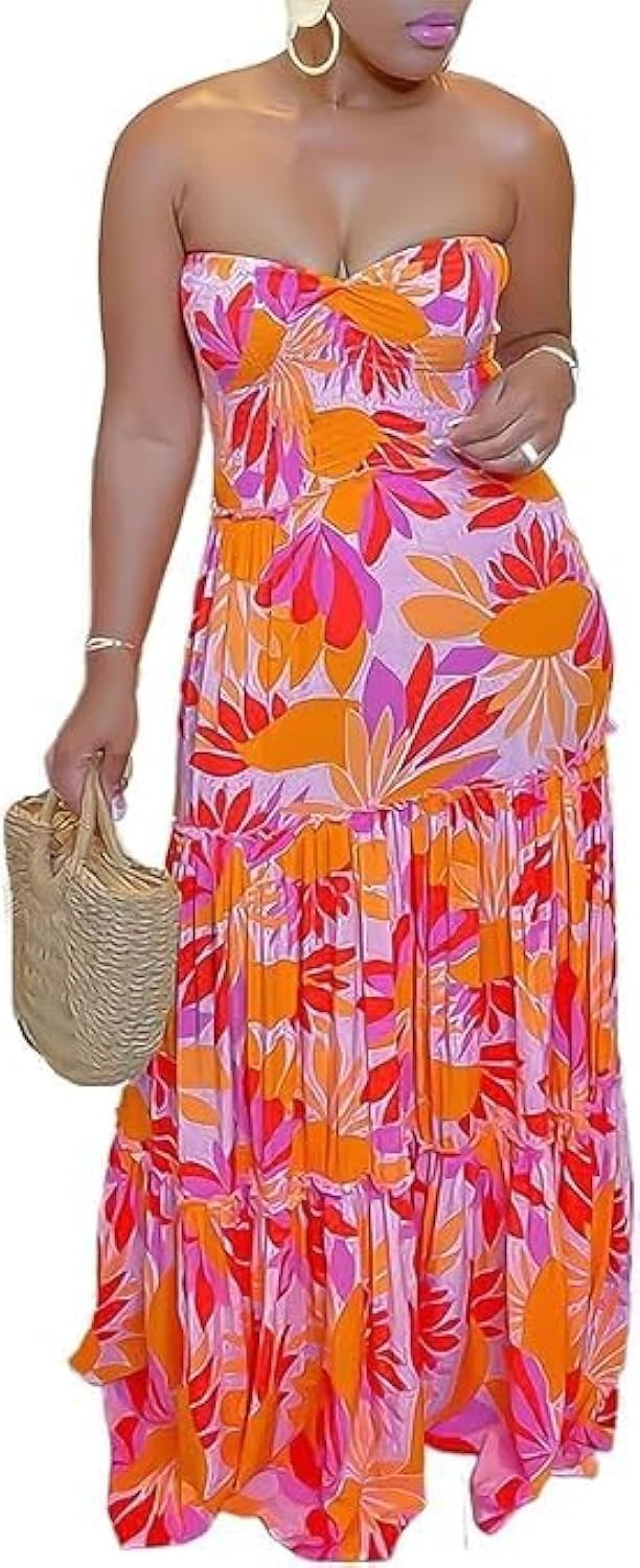 Women’s Allover Print Smocked Ruffle Hem Strapless Maxi Dress Casual Dress