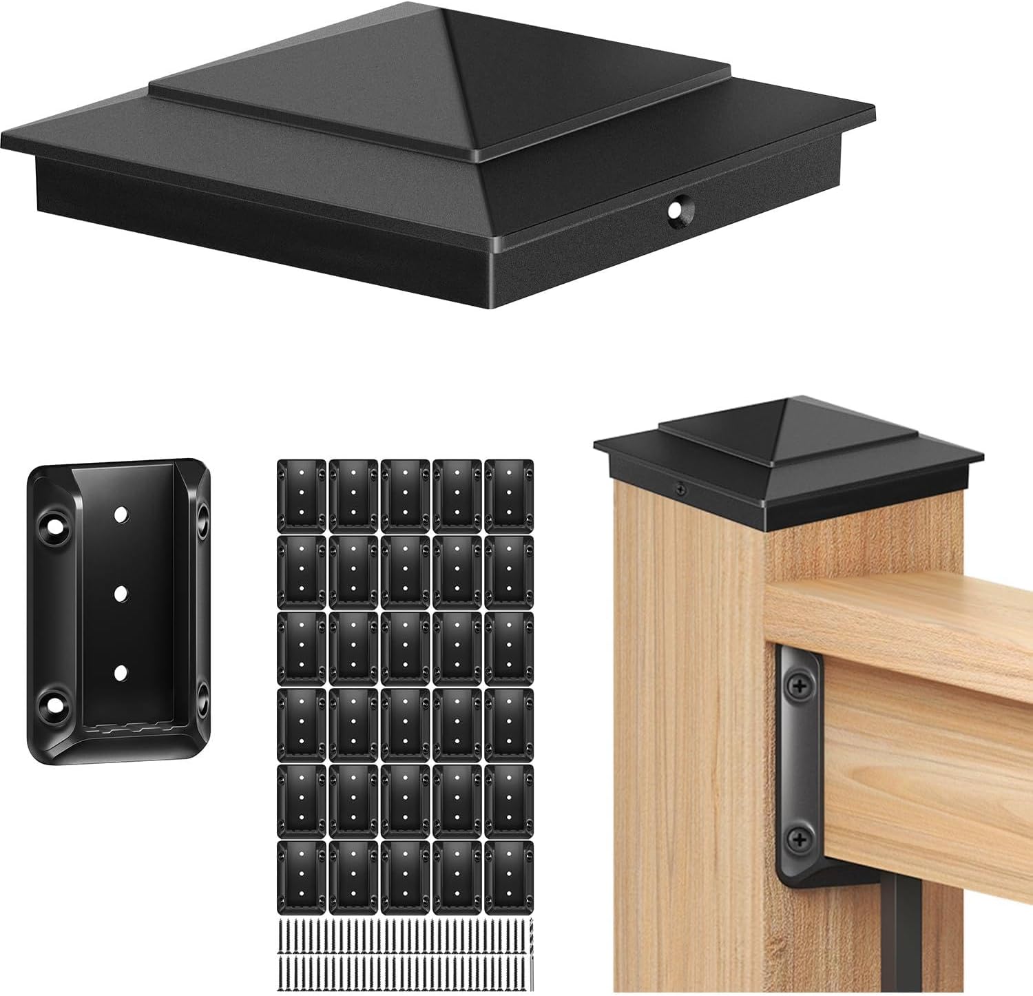 30 Pack Deck Railing Bracket for 2"x4" Wood Railings & 6 Pack 6x6 Aluminum Pyramid Post Caps for 5.5"x5.5" Wood Post – Durable, Powder-Coated, Includes Screws for Deck, Fence
