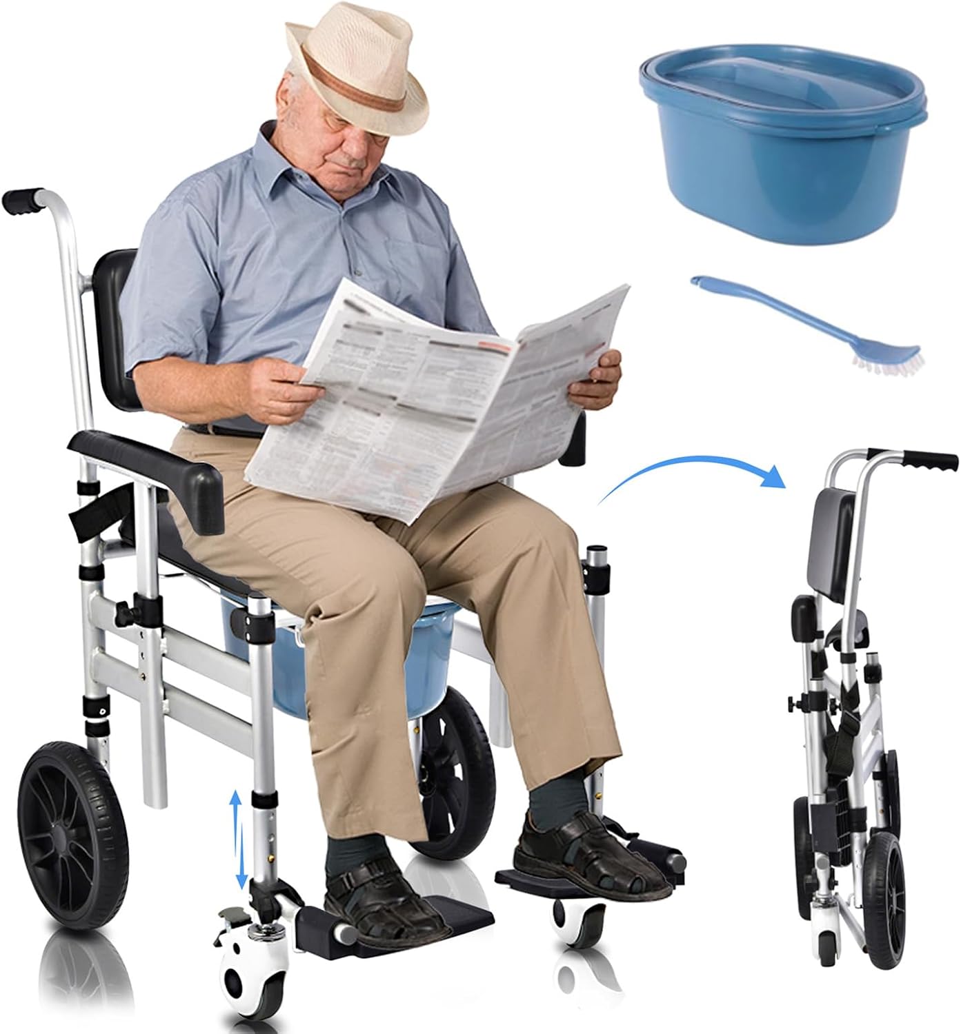 Shower Chair with Wheels 4 in 1 Folding Padded Bedside Commode Wheelchair Height Adjustable Detachable Bucket with Wheels Lifting Armrests Flip-up Footrest for Elderly Disabled (Black, A)