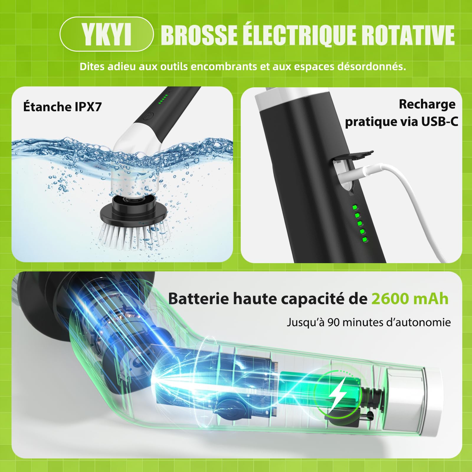 YKYI Brosse Électrique Nettoyage Rotative, 8 Têtes, IPX7, sans Fil