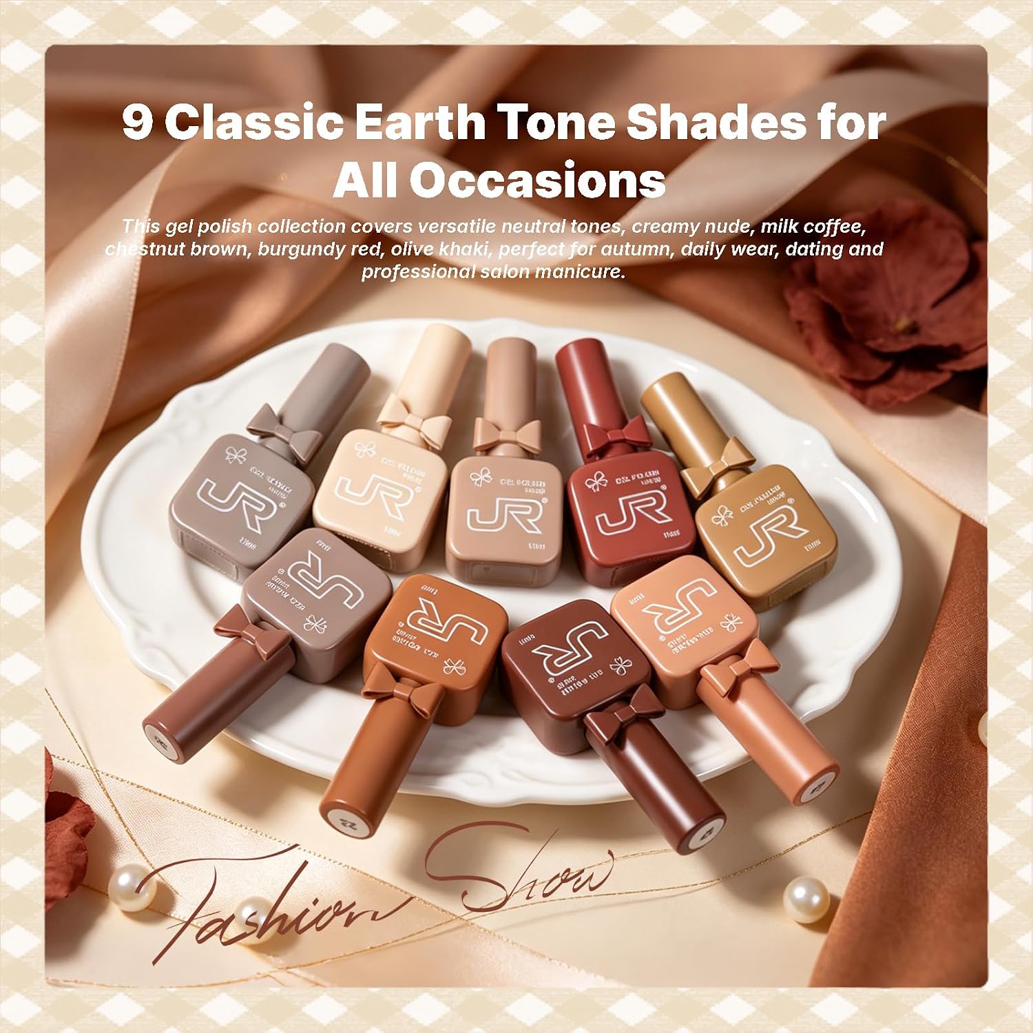 JR 9 Colors 0.5oz Brown Gel Nail Polish Set Fall Nude Kit UV LED Soak Off Bow Bottle Design Home DIY Gift