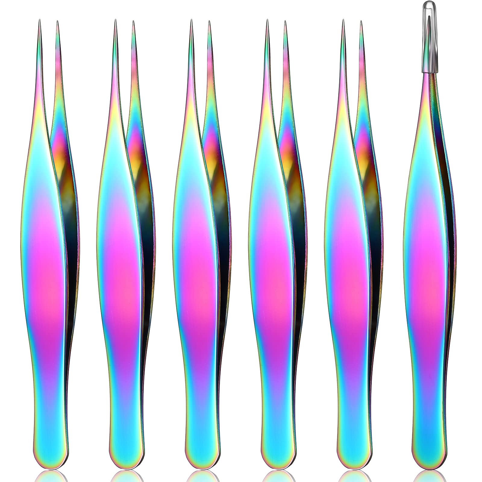 Honoson 6 Pieces Pointed Tweezers Ingrown Hair Tweezers Precision Needle Point Tip Tweezers Stainless Steel Tweezers for Nose Facial Hair Eyebrow Blackhead Remover (Rainbow Color)